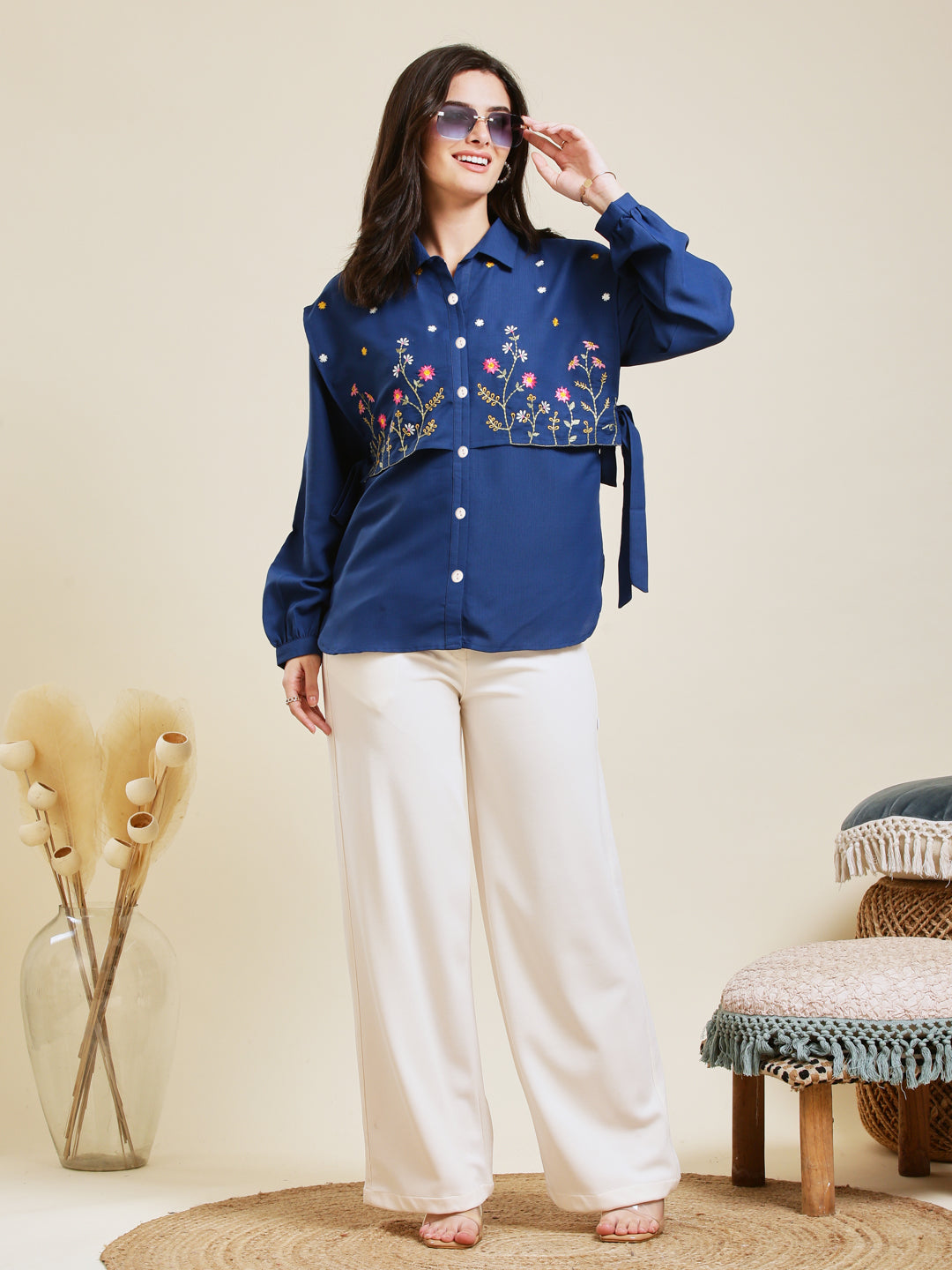 Royal Blue Embroidered Viscose Blend Shirt for Women