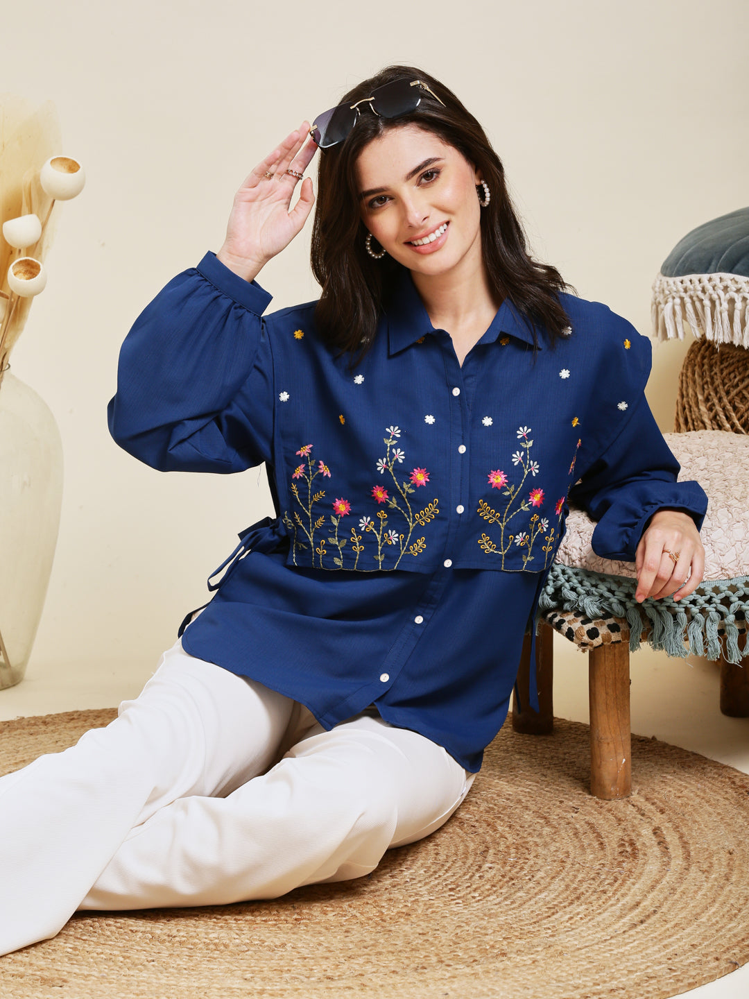 Royal Blue Embroidered Viscose Blend Shirt for Women