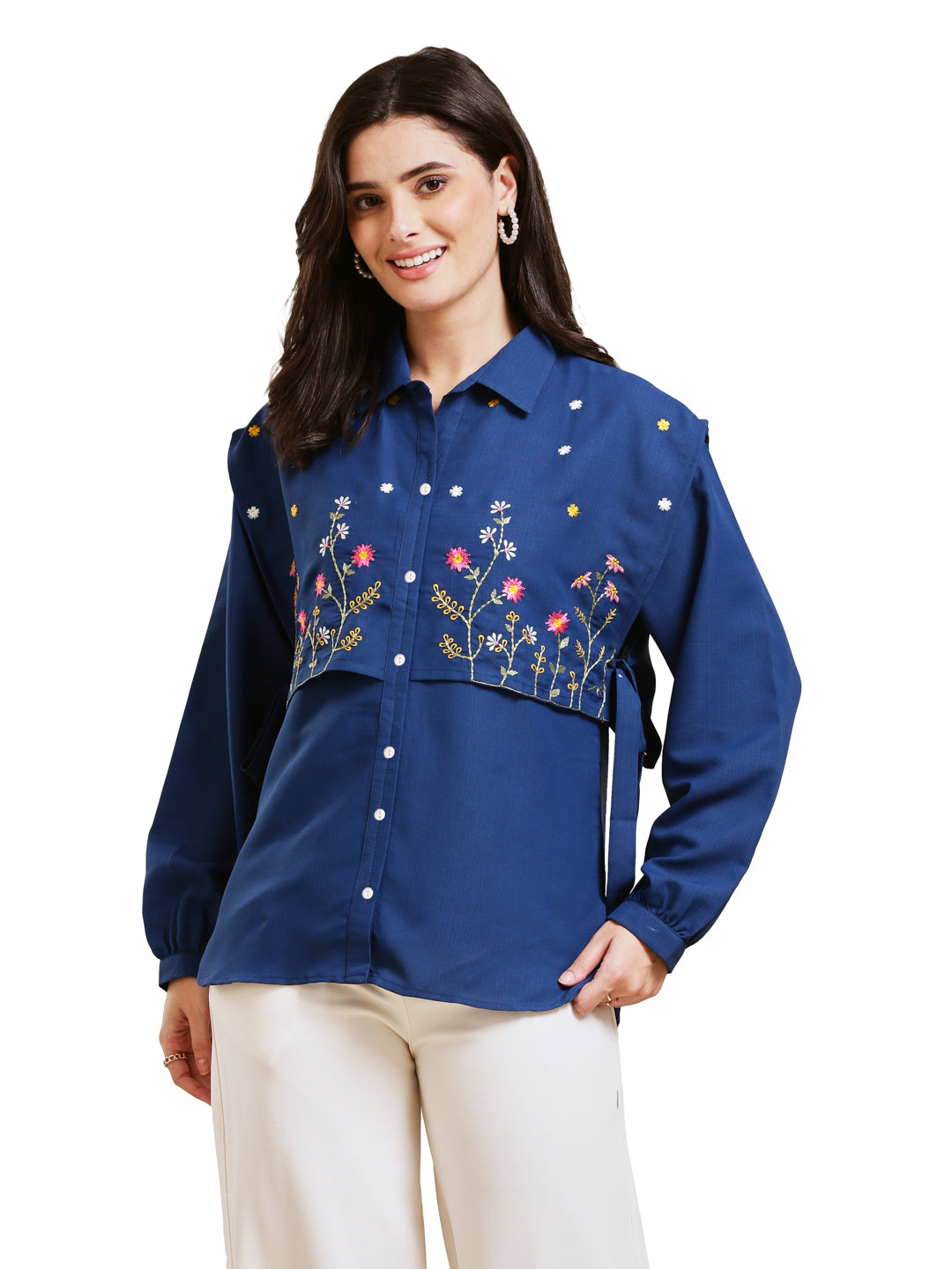 Royal Blue Embroidered Viscose Blend Shirt for Women