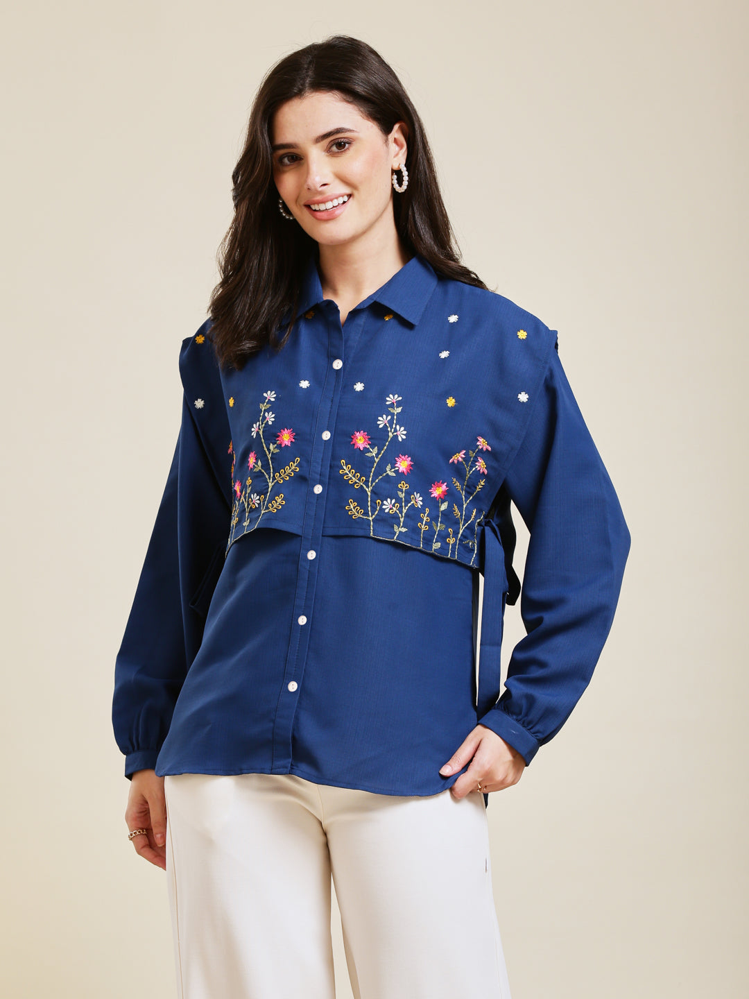 Royal Blue Embroidered Viscose Blend Shirt for Women