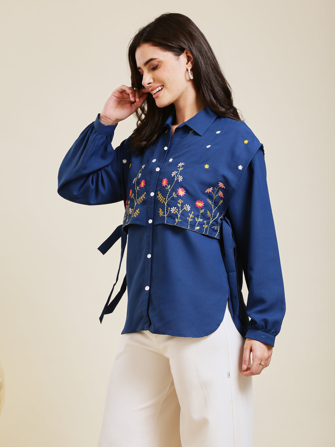Royal Blue Embroidered Viscose Blend Shirt for Women