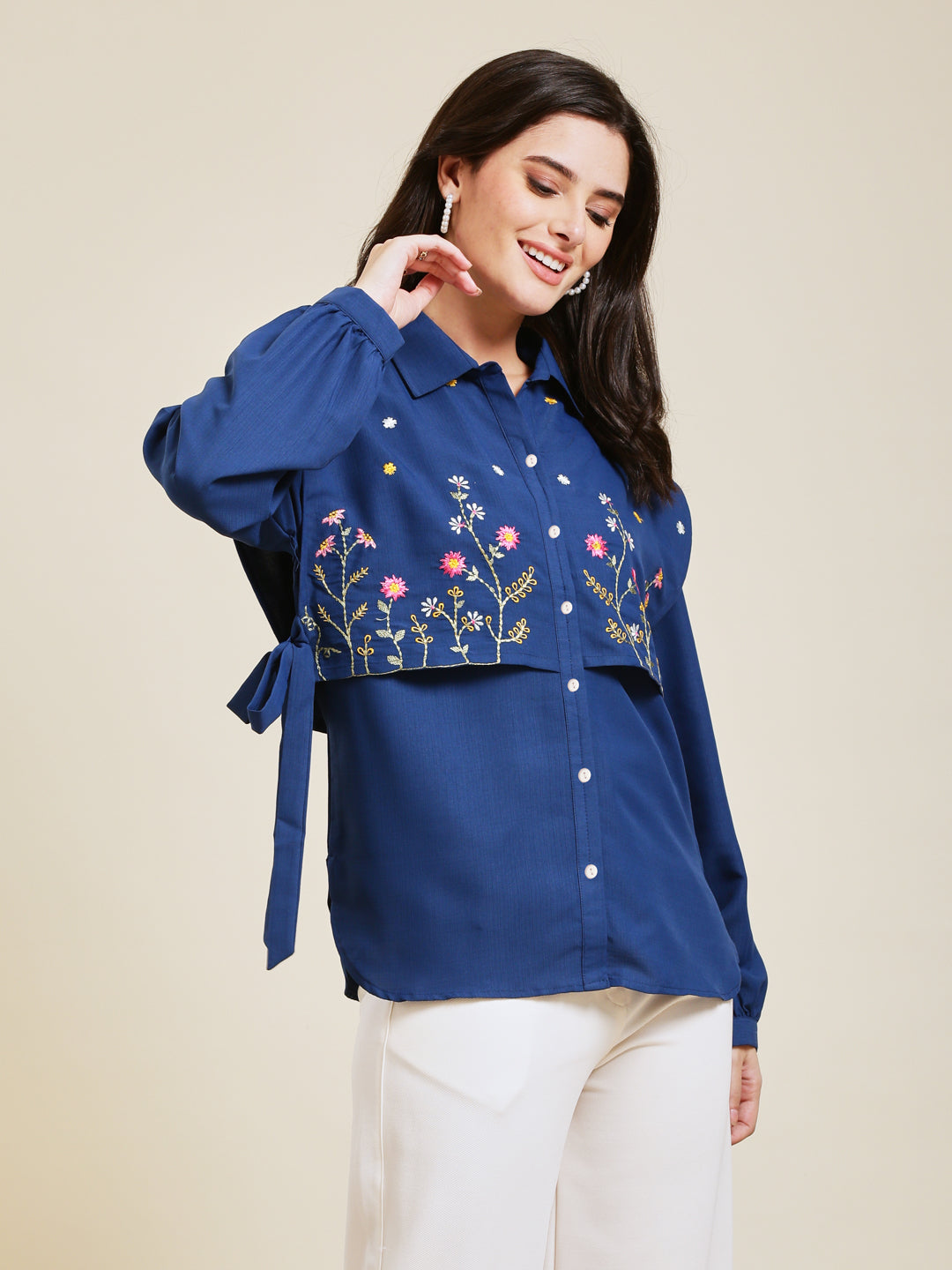 Royal Blue Embroidered Viscose Blend Shirt for Women