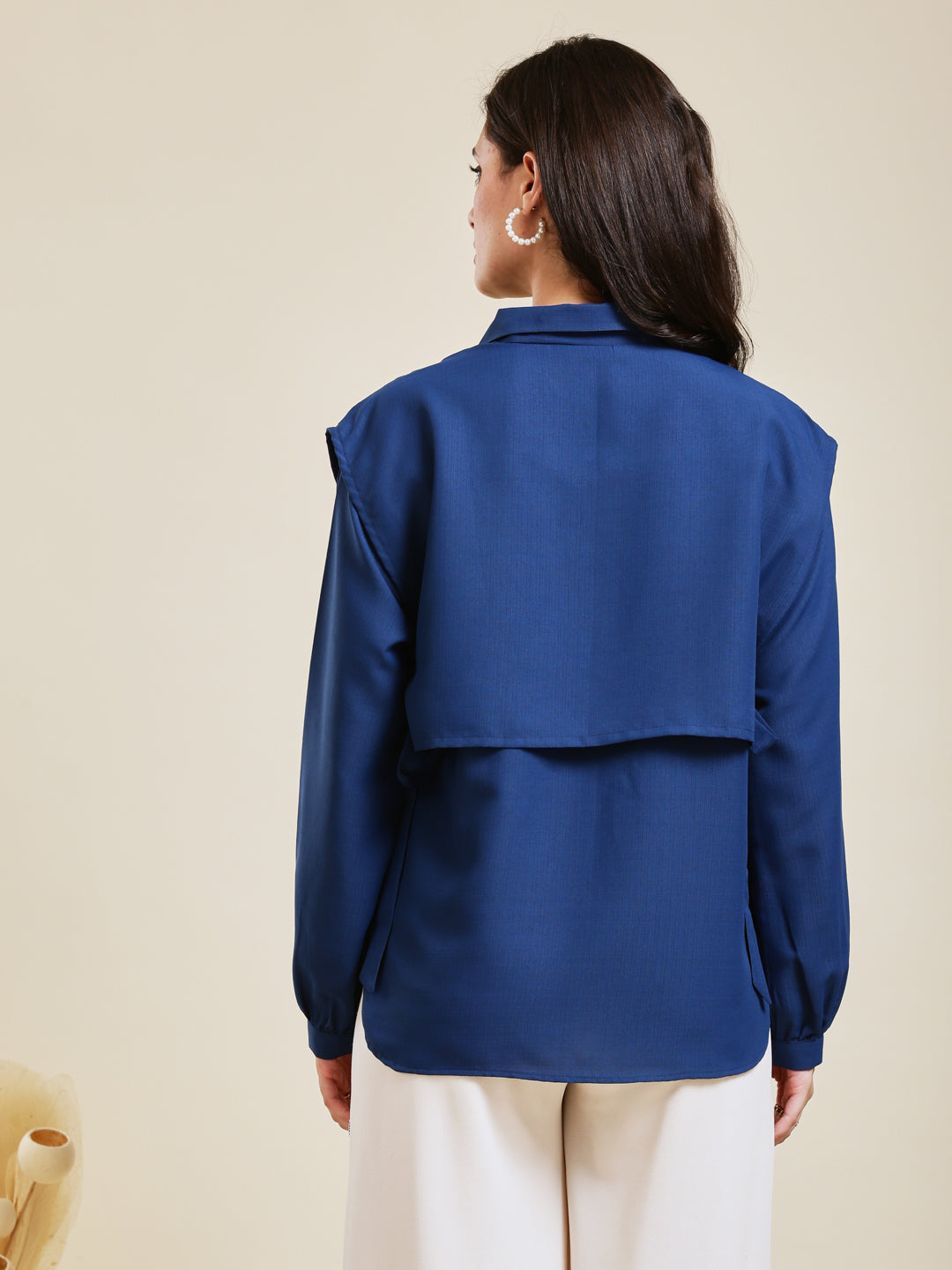 Royal Blue Embroidered Viscose Blend Shirt for Women