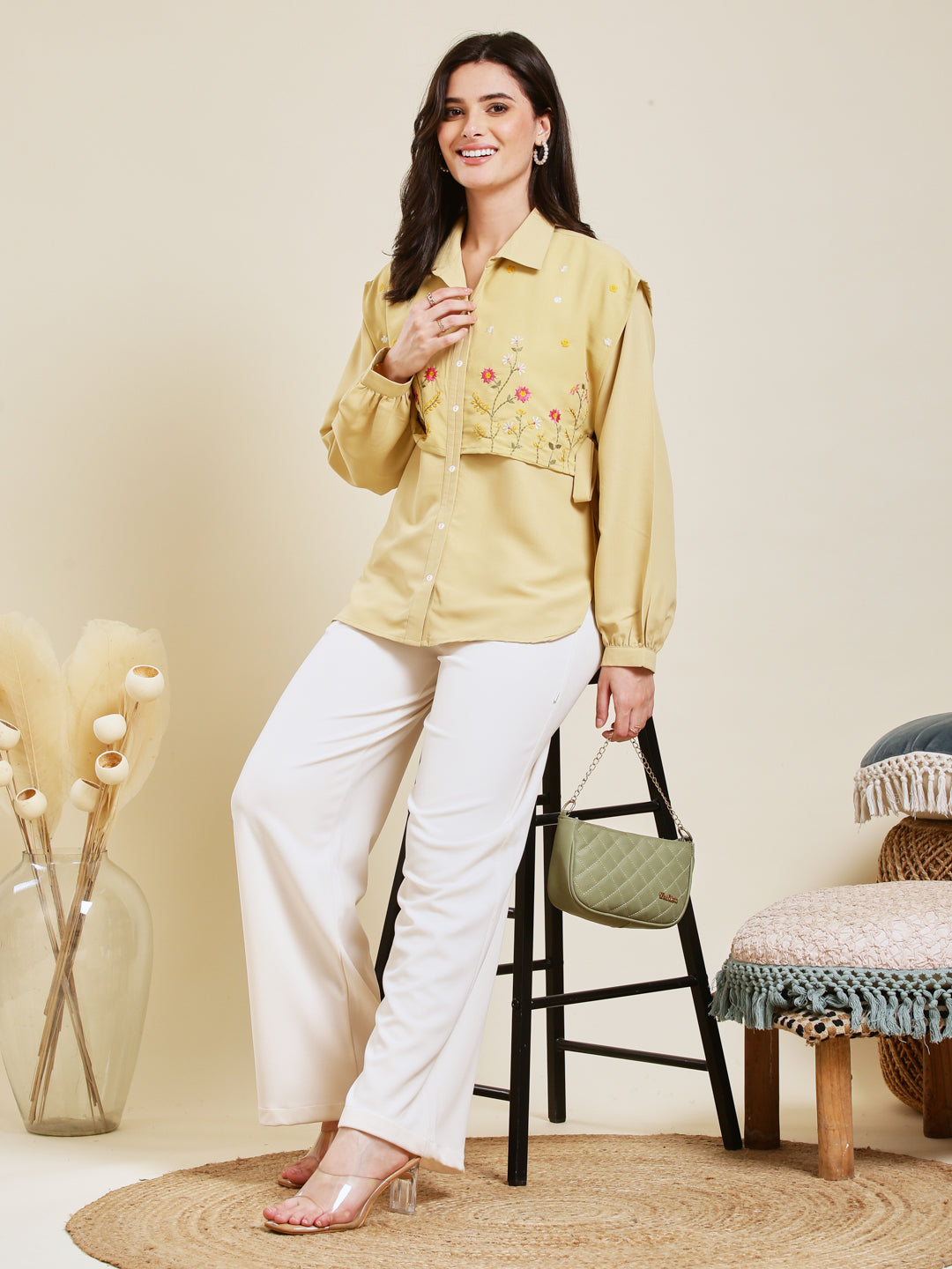 Yellow Embroidered Viscose Blend Shirt for Women