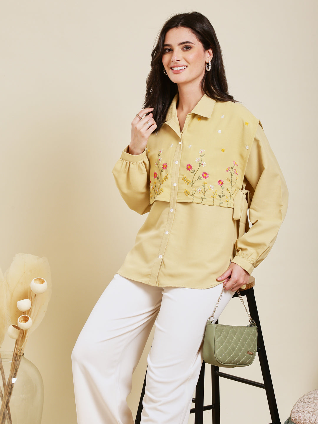 Yellow Embroidered Viscose Blend Shirt for Women