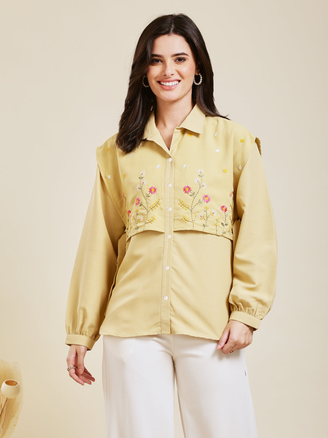 Yellow Embroidered Viscose Blend Shirt for Women