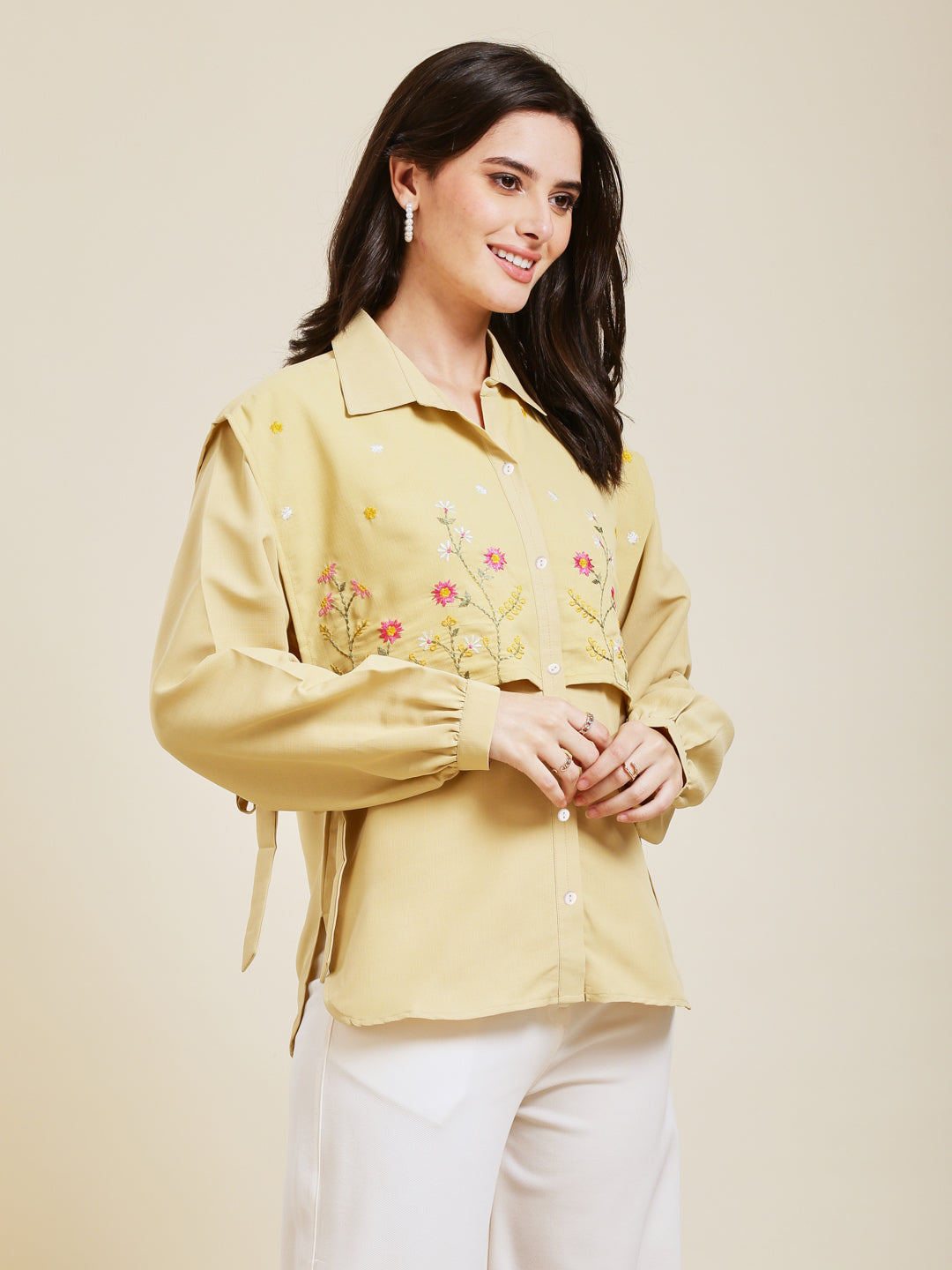 Yellow Embroidered Viscose Blend Shirt for Women