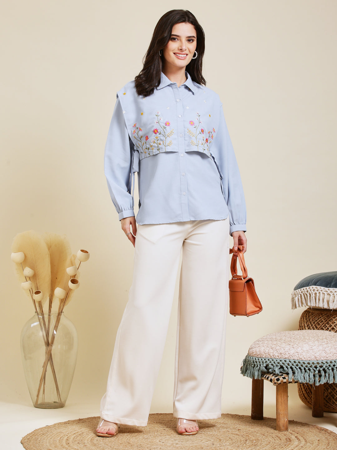 Sky Blue Embroidered Viscose Blend Shirt for Women