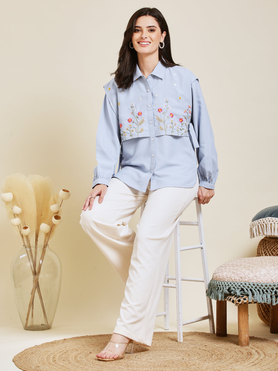 Sky Blue Embroidered Viscose Blend Shirt for Women