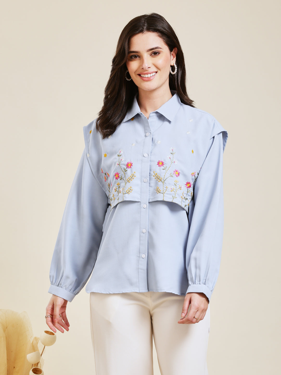 Sky Blue Embroidered Viscose Blend Shirt for Women