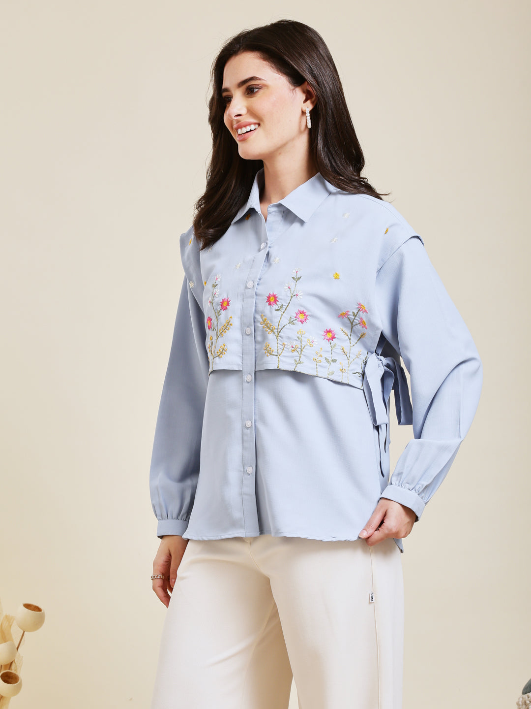 Sky Blue Embroidered Viscose Blend Shirt for Women