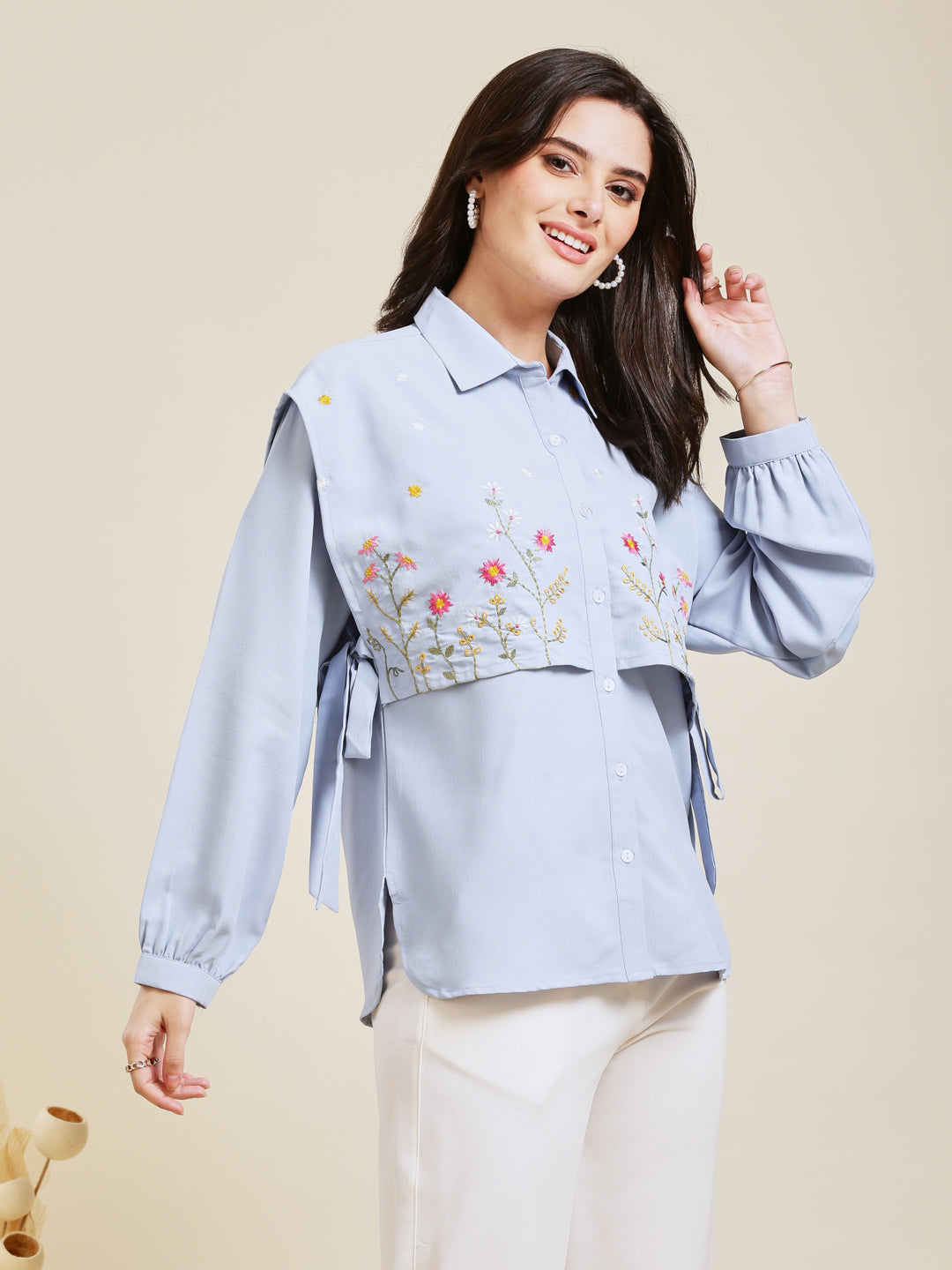 Sky Blue Embroidered Viscose Blend Shirt for Women
