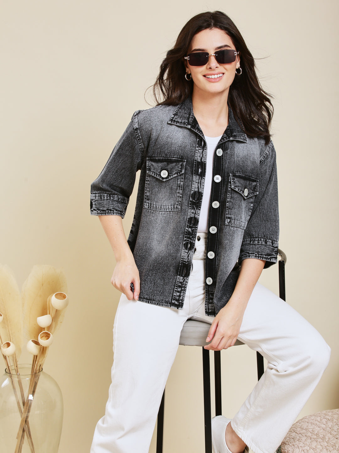 Classic Women Charcoal Denim Shirt