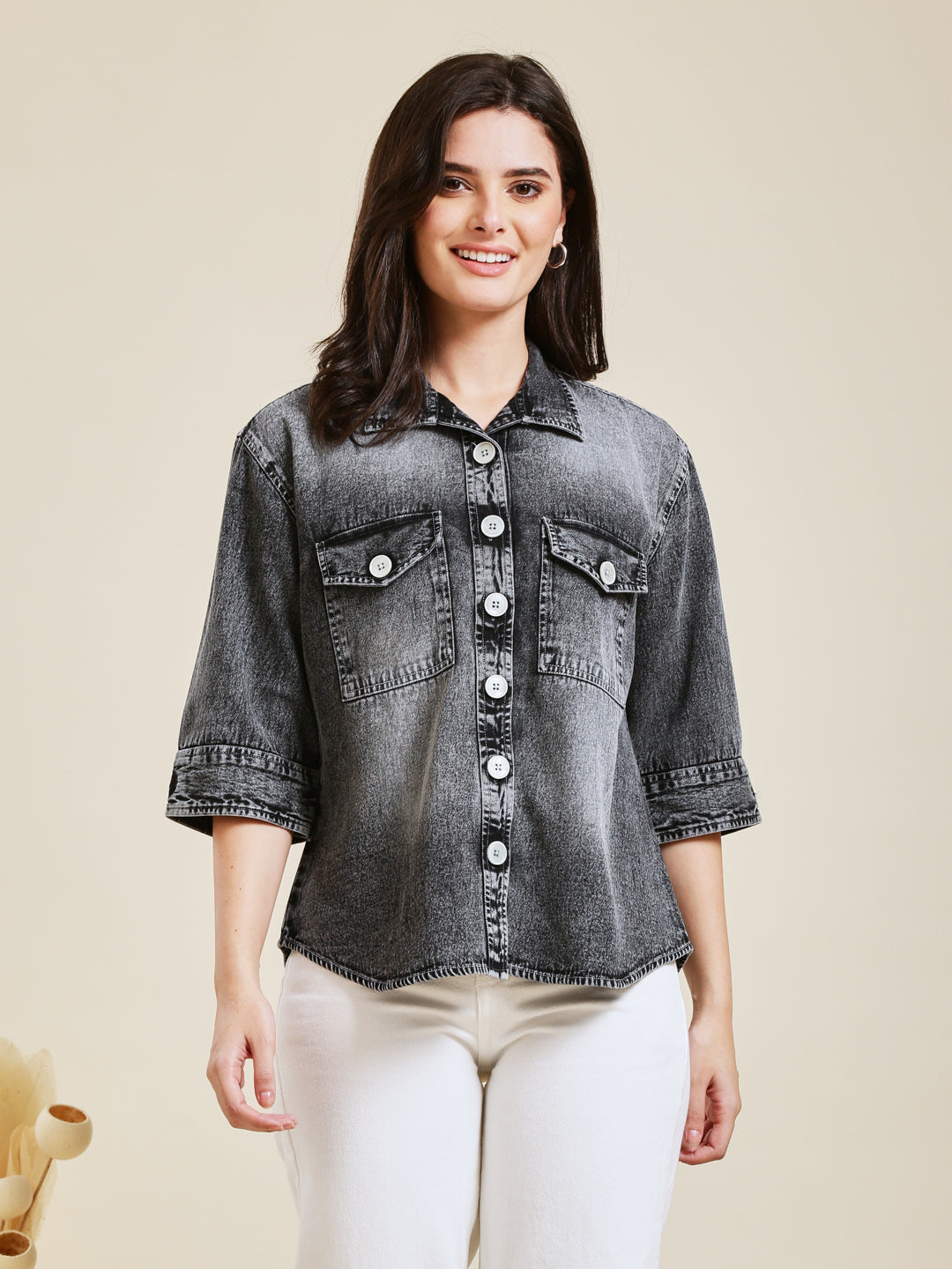 Classic Women Charcoal Denim Shirt