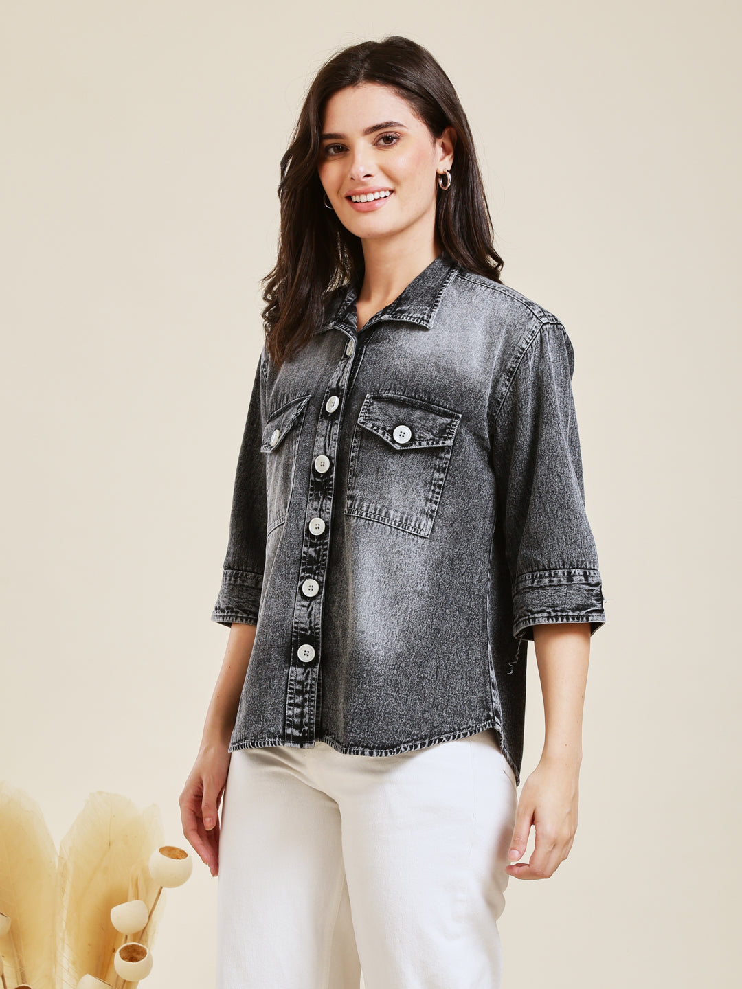 Classic Women Charcoal Denim Shirt