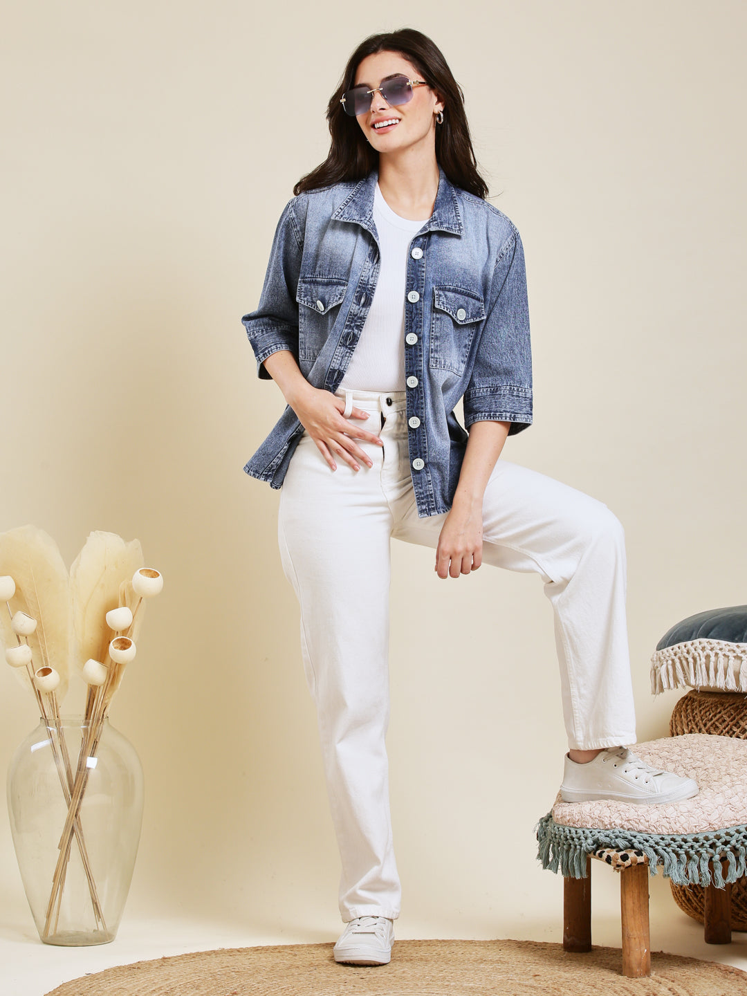 Classic Women Light Blue Denim Shirt