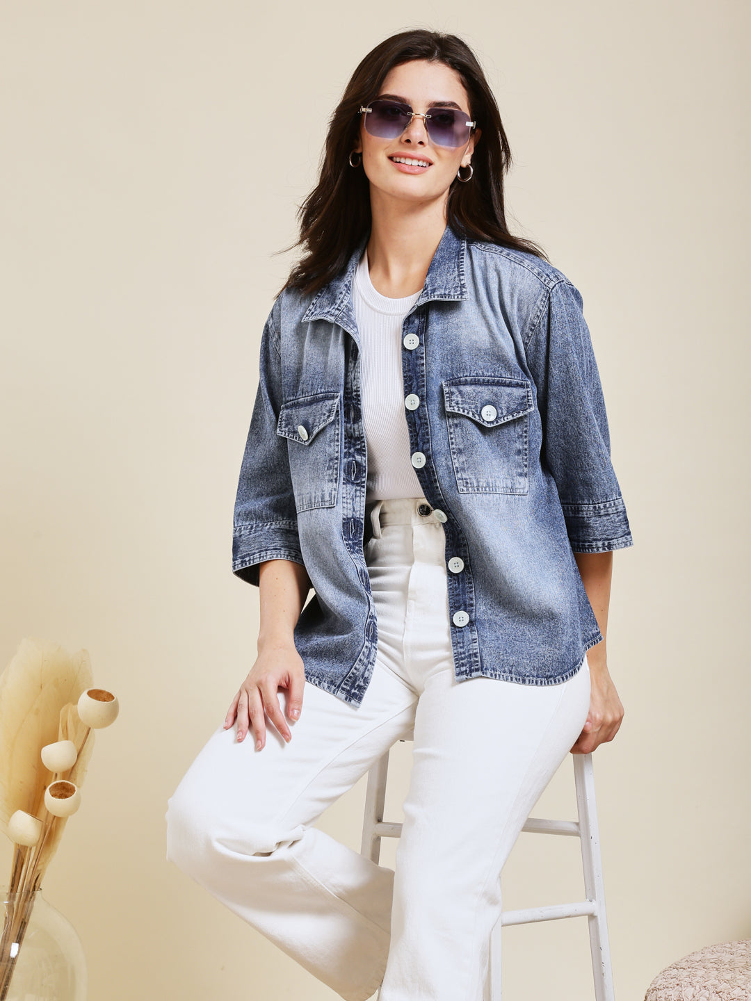 Classic Women Light Blue Denim Shirt