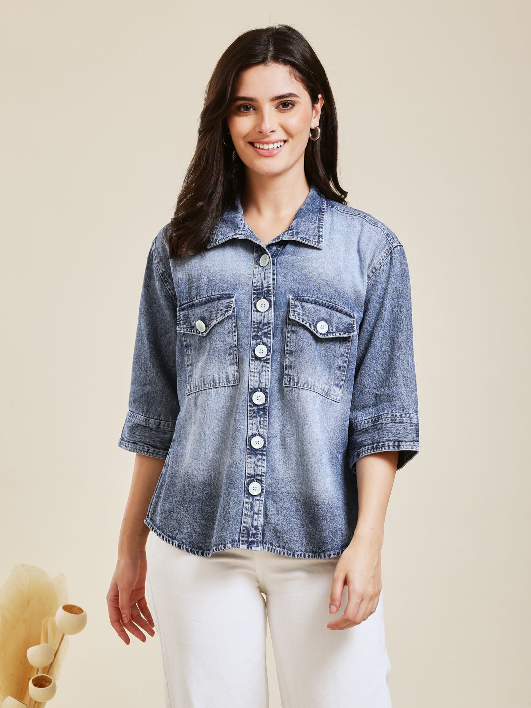 Classic Women Light Blue Denim Shirt