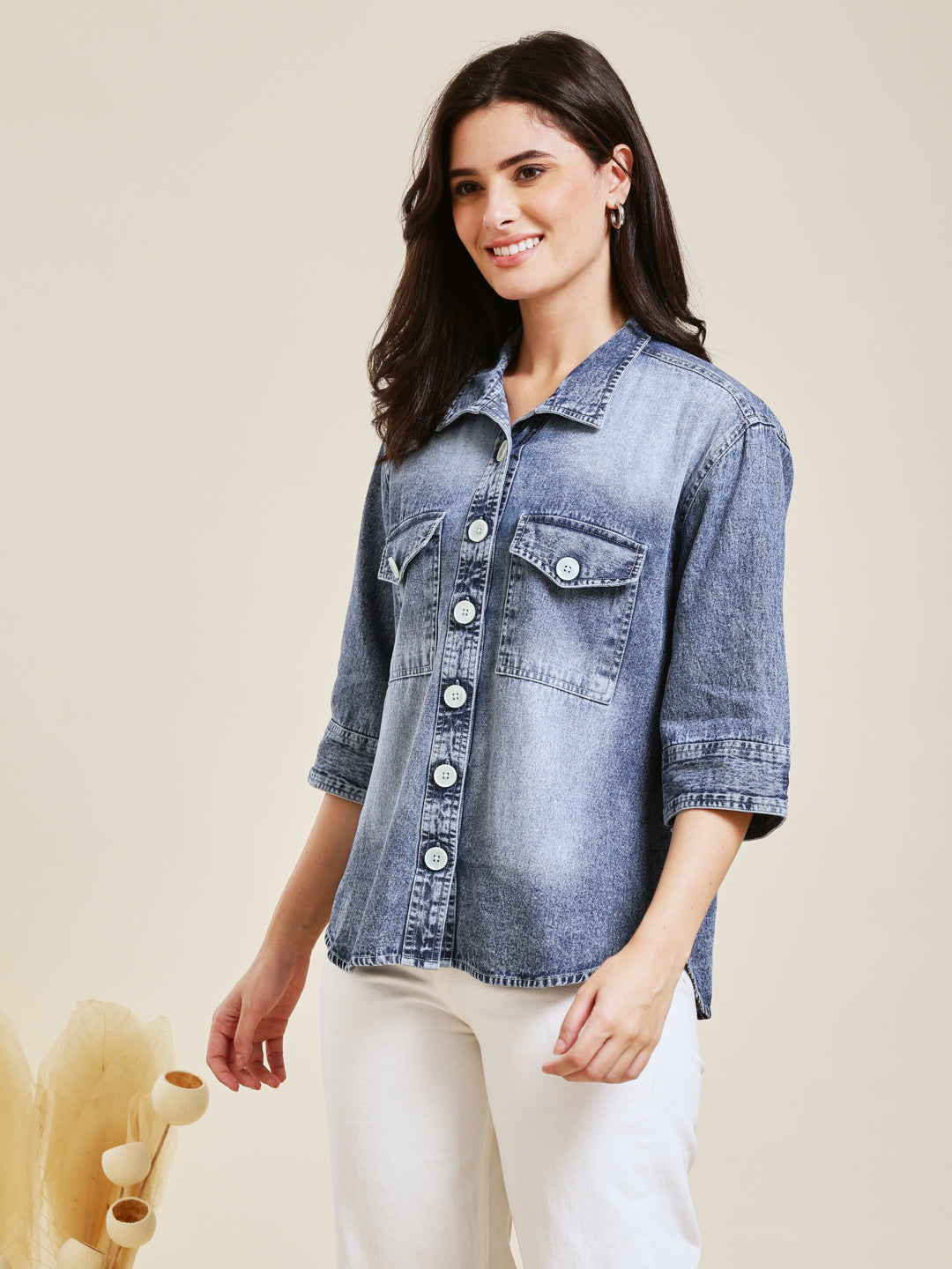 Classic Women Light Blue Denim Shirt