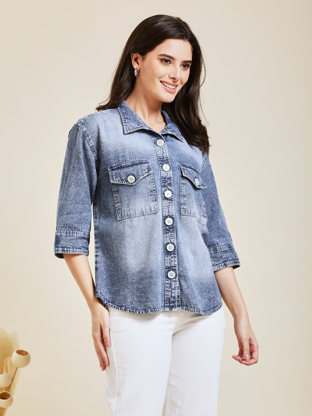 Classic Women Light Blue Denim Shirt