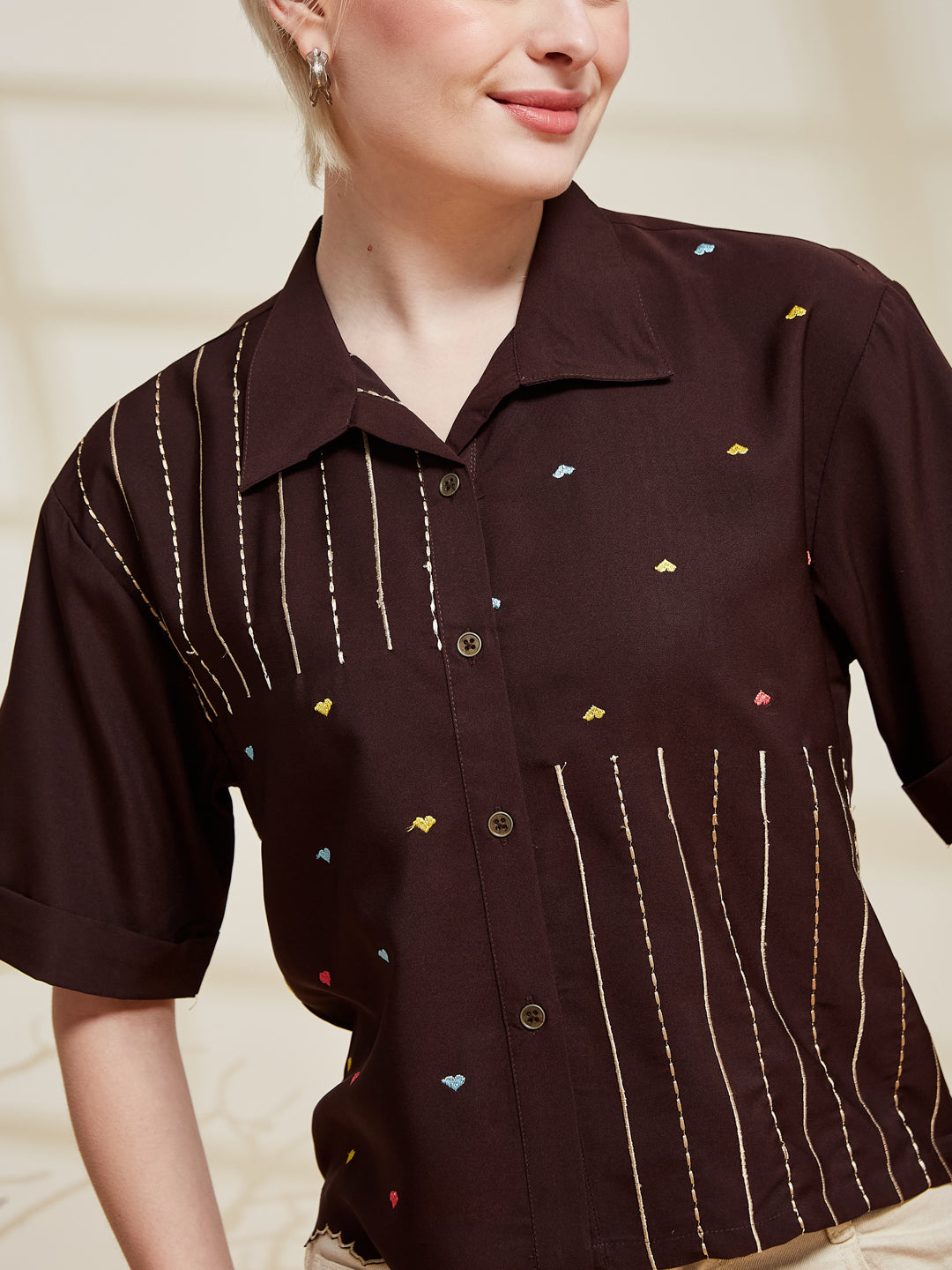 Coffee Crepe Embroidered Regular Fit Shirt for Women