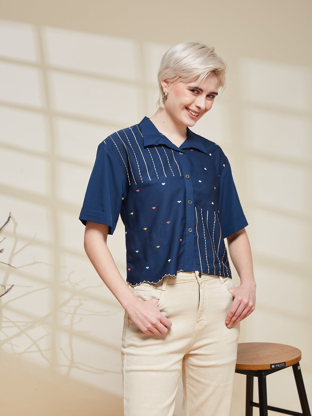 Navy Blue Crepe Embroidered Regular Fit Shirt for Women