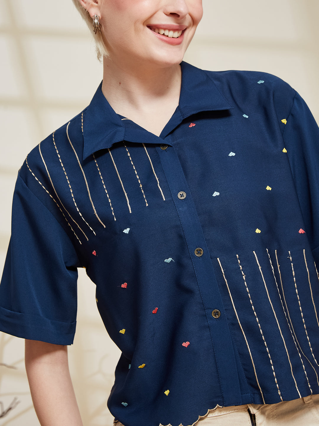 Navy Blue Crepe Embroidered Regular Fit Shirt for Women
