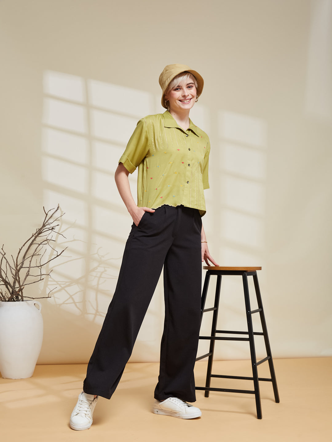 Neon Crepe Embroidered Regular Fit Shirt for Women | frontside full view