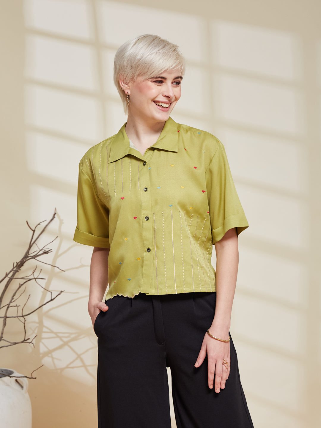 Neon Crepe Embroidered Regular Fit Shirt for Women