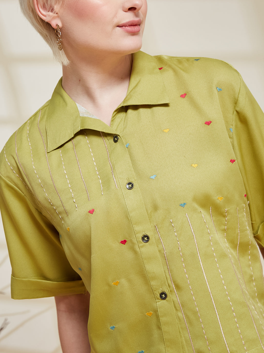 Neon Crepe Embroidered Regular Fit Shirt for Women