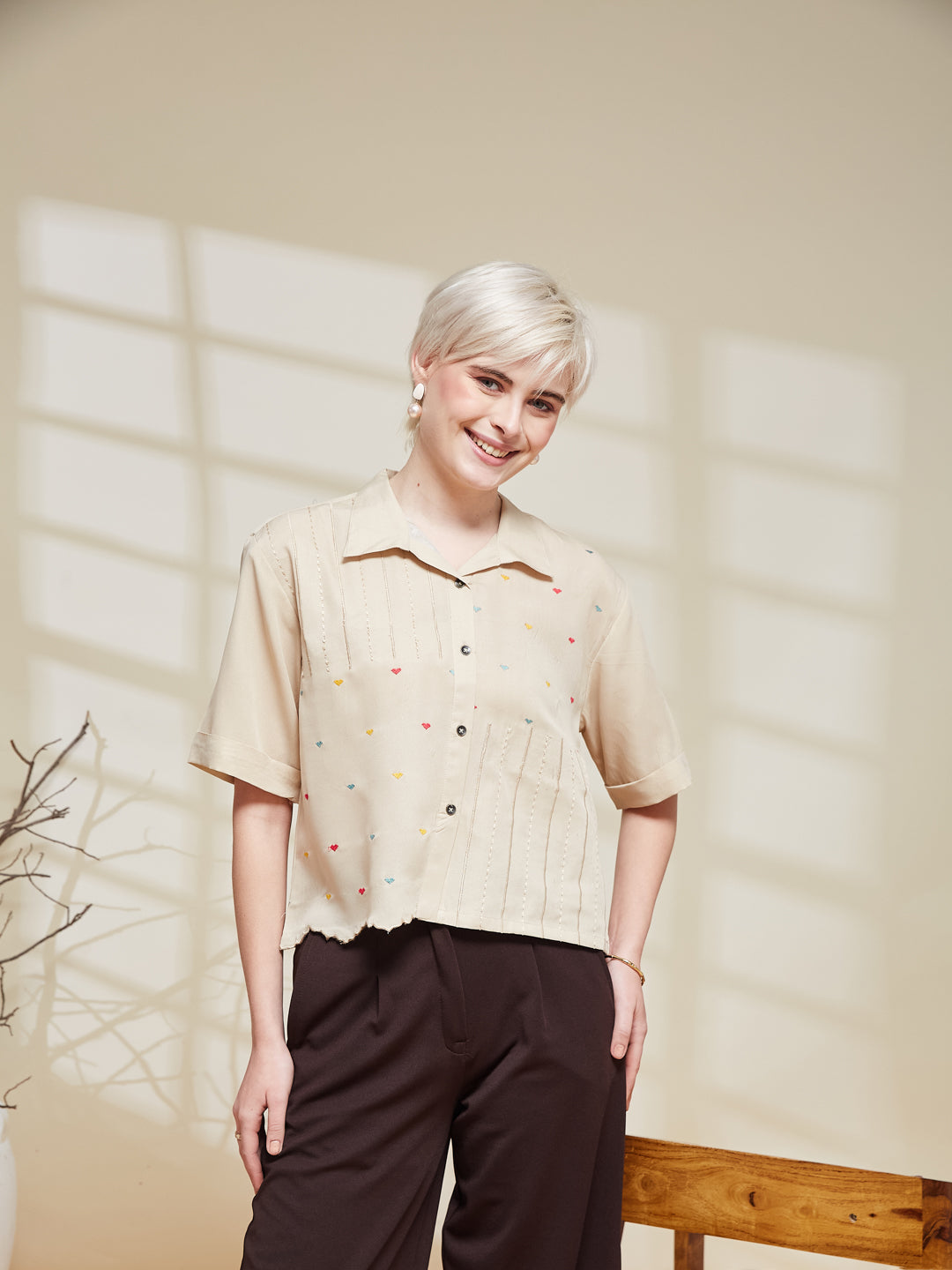 Cream Crepe Embroidered Regular Fit Shirt for Women