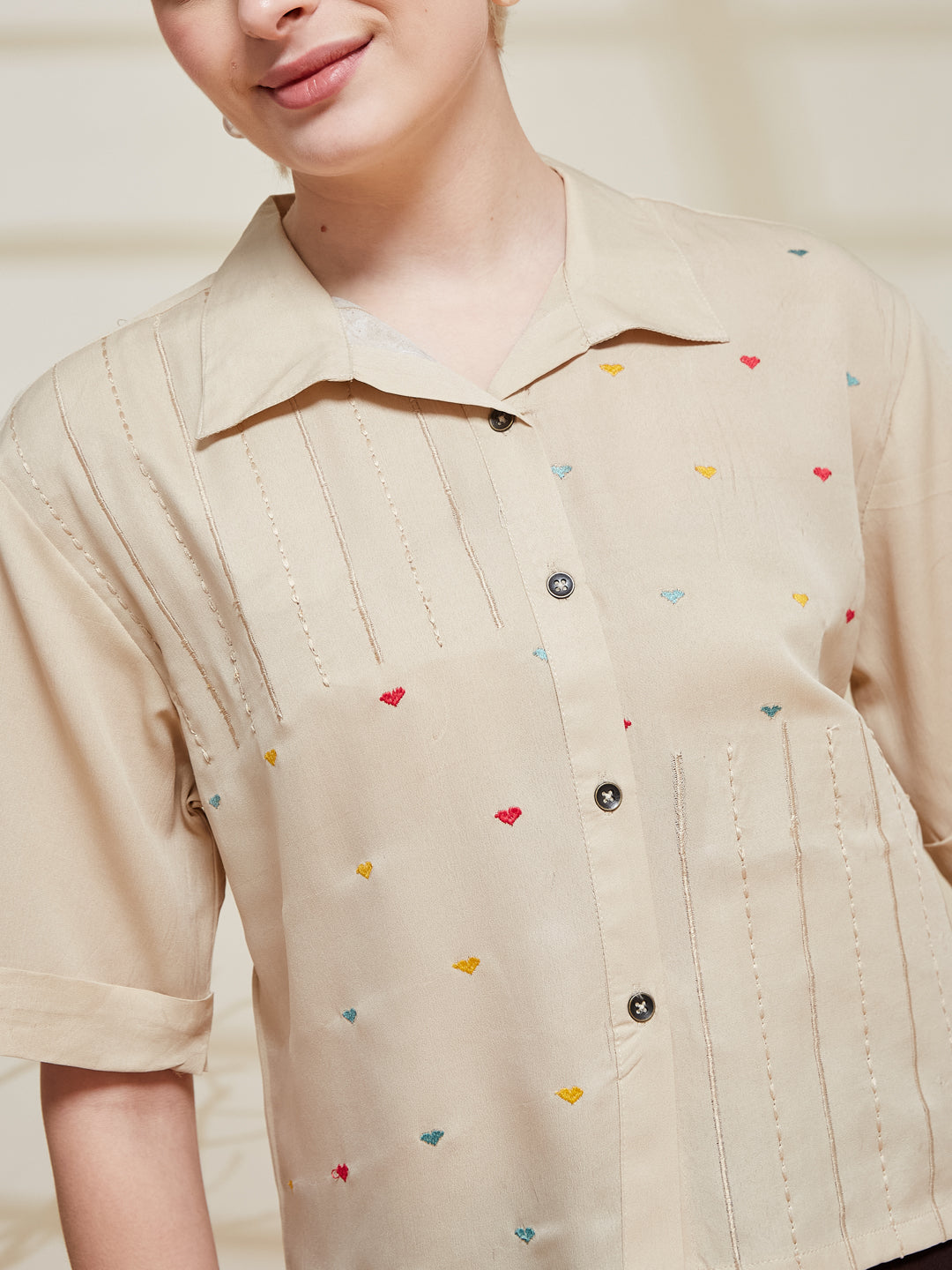 Cream Crepe Embroidered Regular Fit Shirt for Women