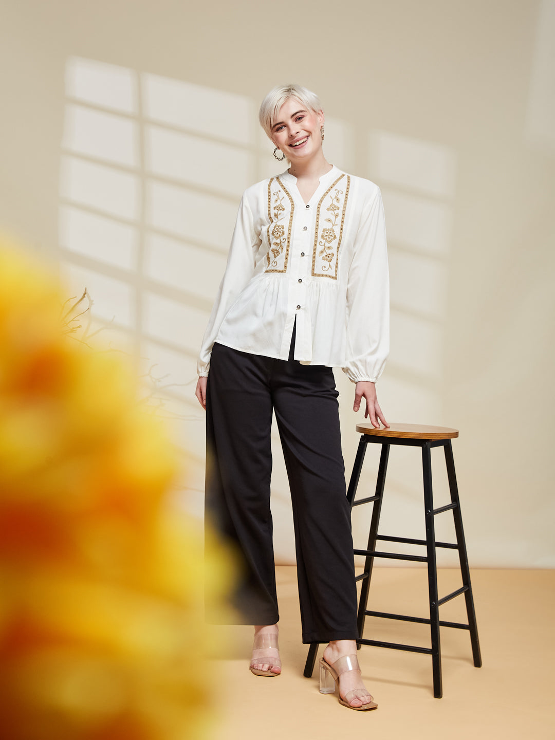 Off White Rayon Embroidered  Regular Fit Shirt for Women