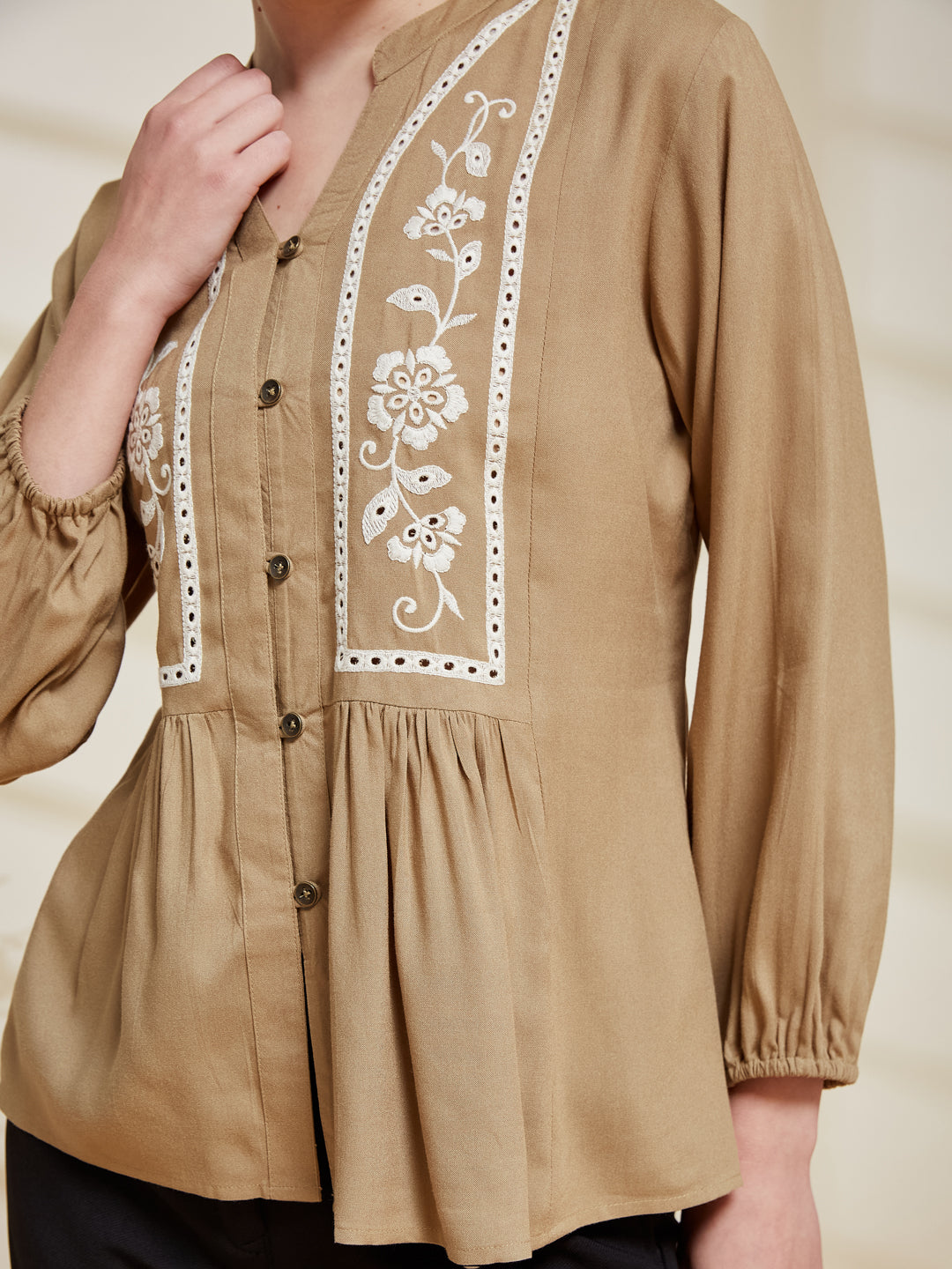 Beige Rayon Embroidered  Regular Fit Shirt for Women | embroidary design view
