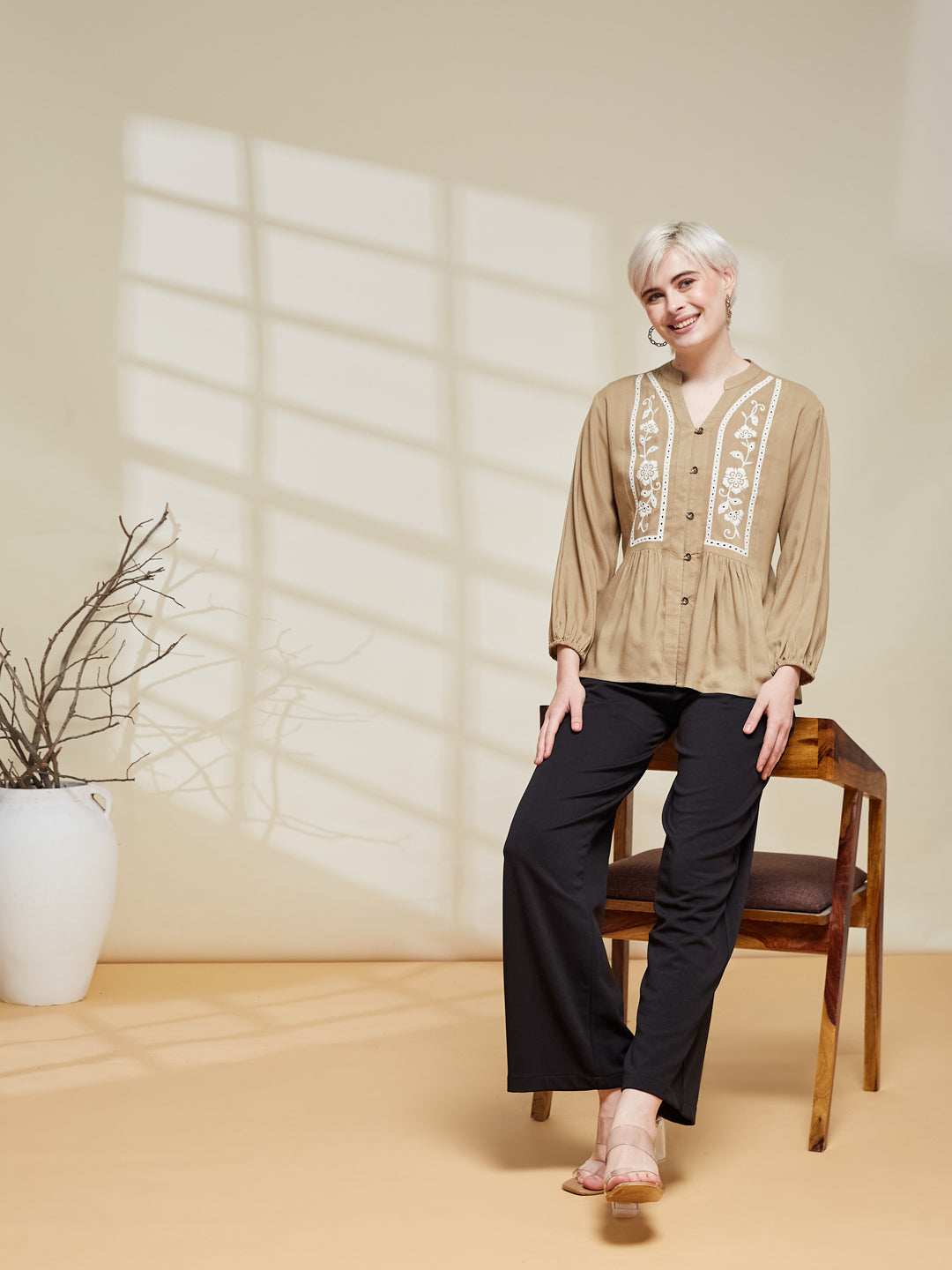 Beige Rayon Embroidered  Regular Fit Shirt for Women | front side view