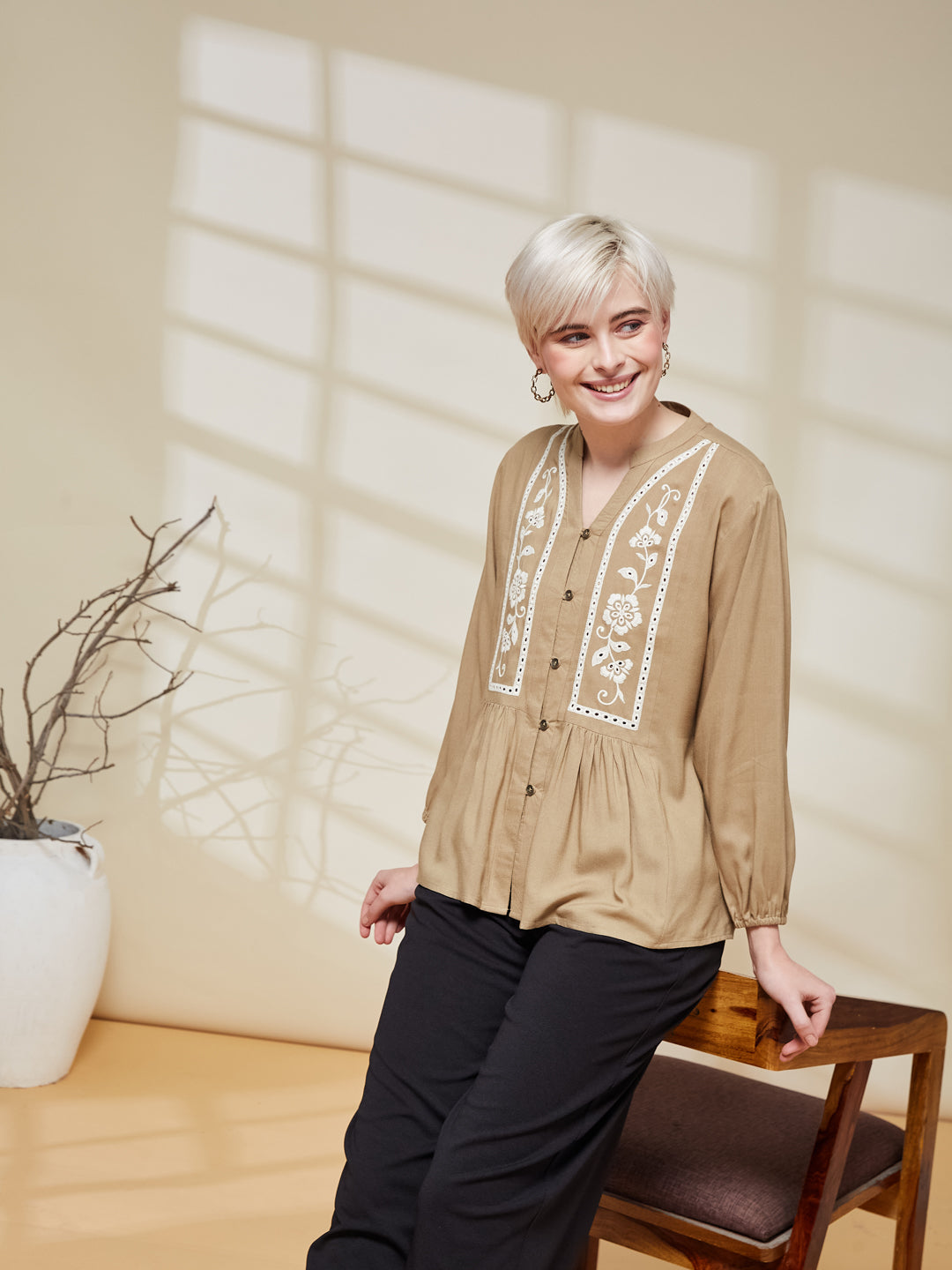 Beige Rayon Embroidered  Regular Fit Shirt for Women