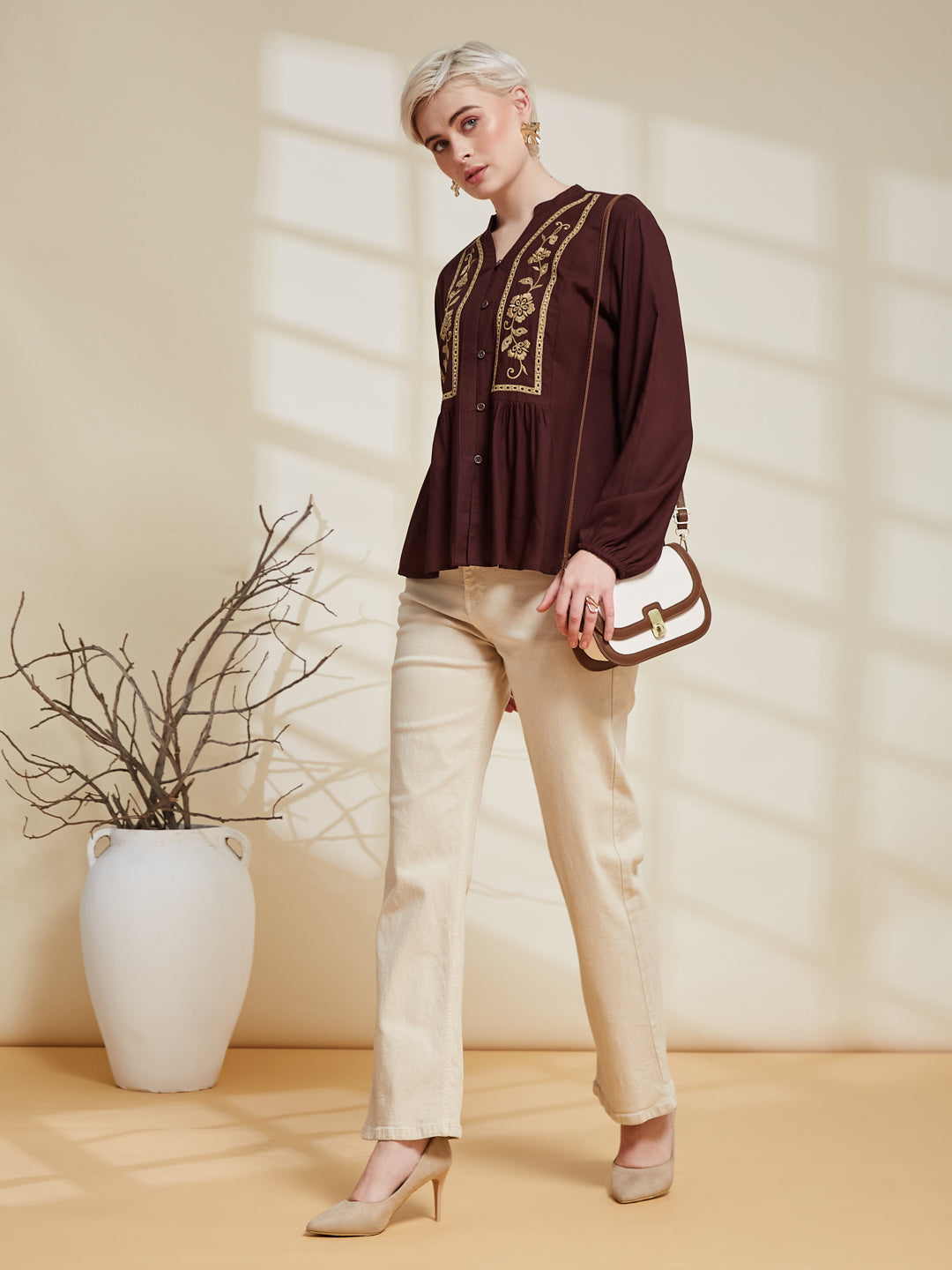 Coffee Rayon Embroidered  Regular Fit Shirt for Women 