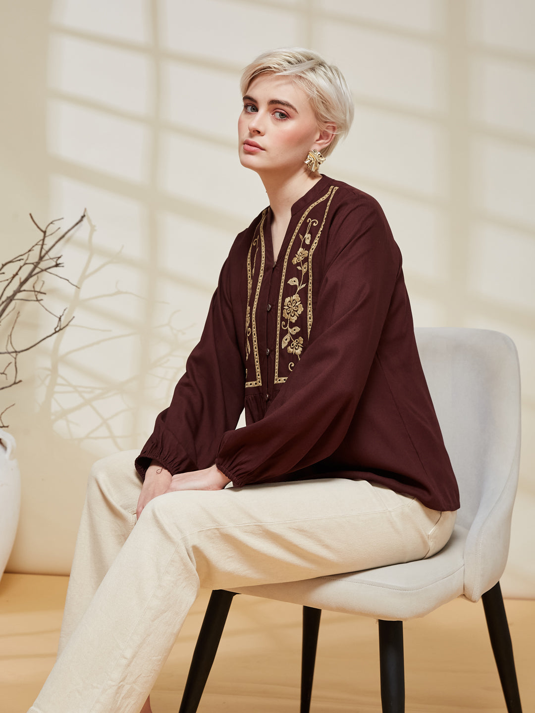 Coffee Rayon Embroidered  Regular Fit Shirt for Women | leftside view