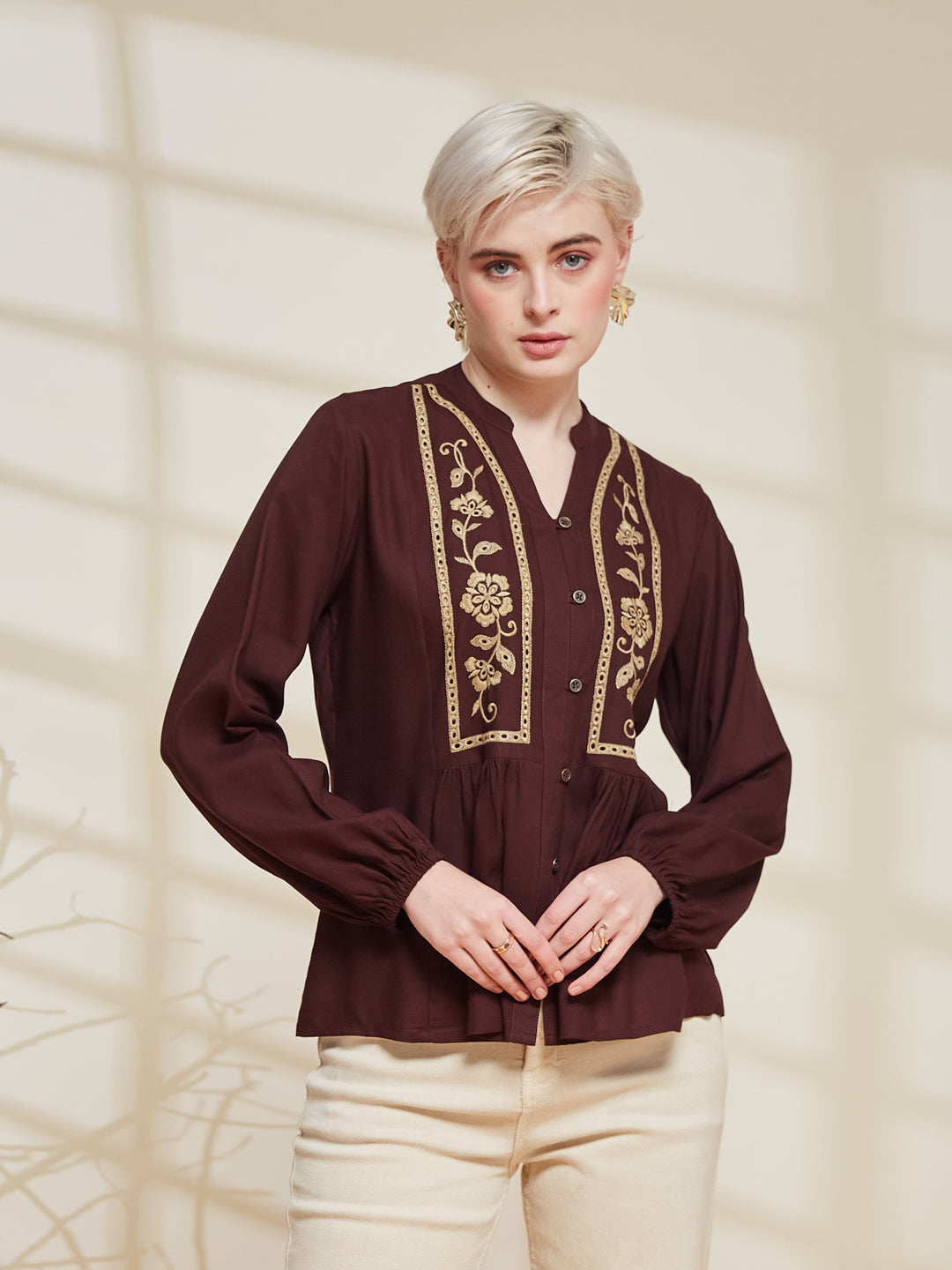 Coffee Rayon Embroidered  Regular Fit Shirt for Women | frontside view