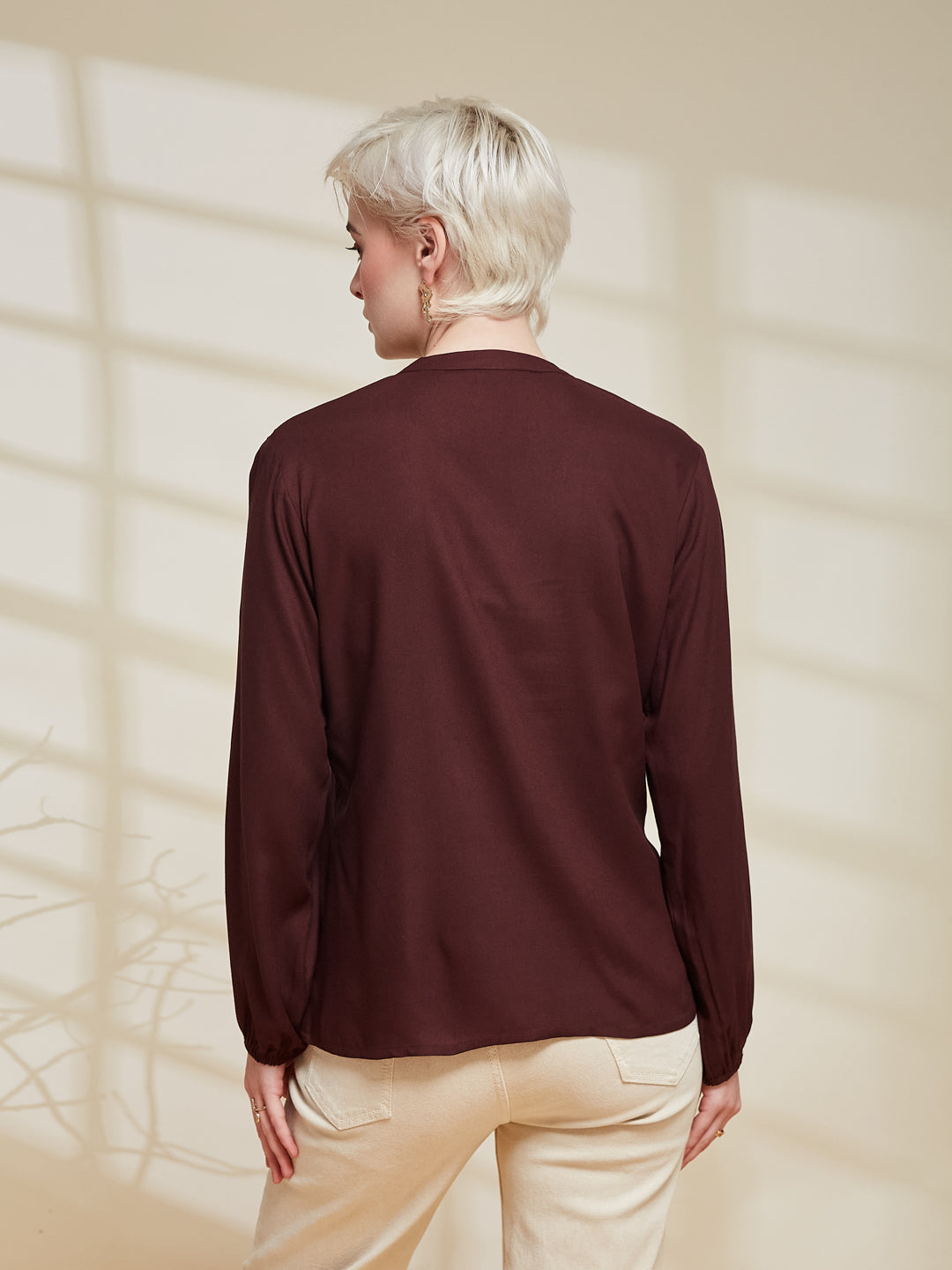 Coffee Rayon Embroidered  Regular Fit Shirt for Women| backside view