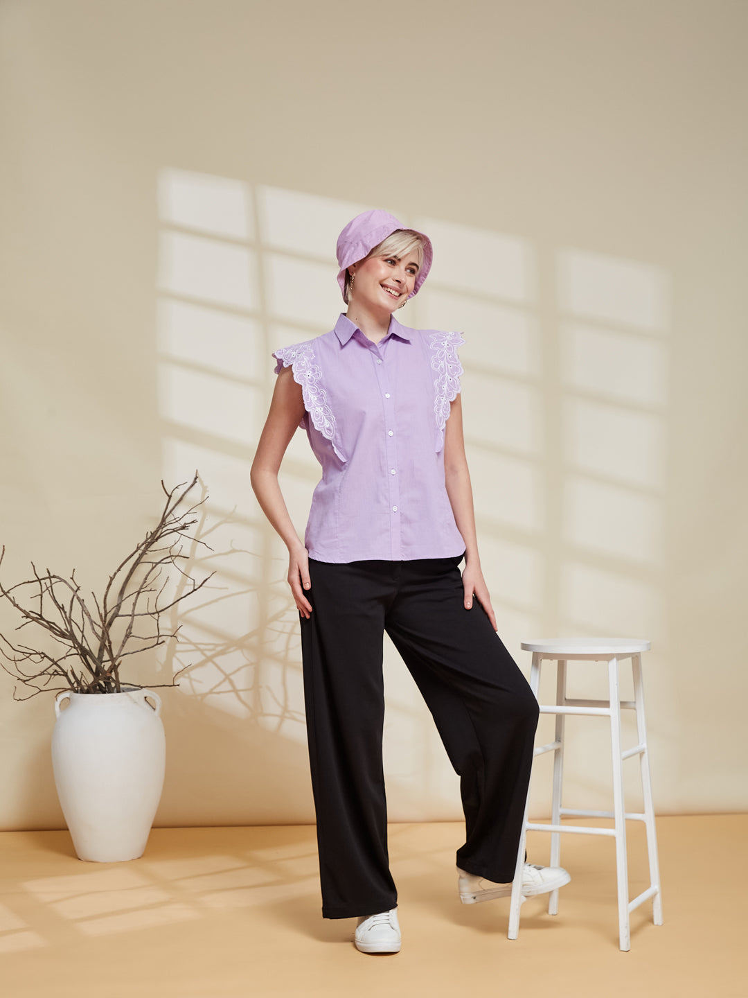 Lavender Cotton Embroidered Regular Fit Shirt for Women | cotton shirts for women