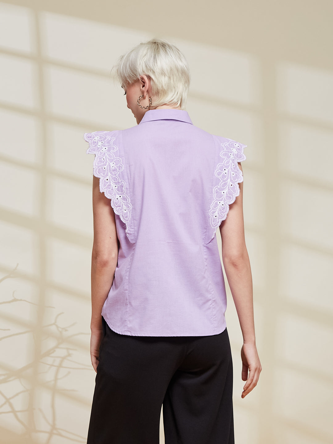 Lavender Cotton Embroidered Regular Fit Shirt for Women | backside view