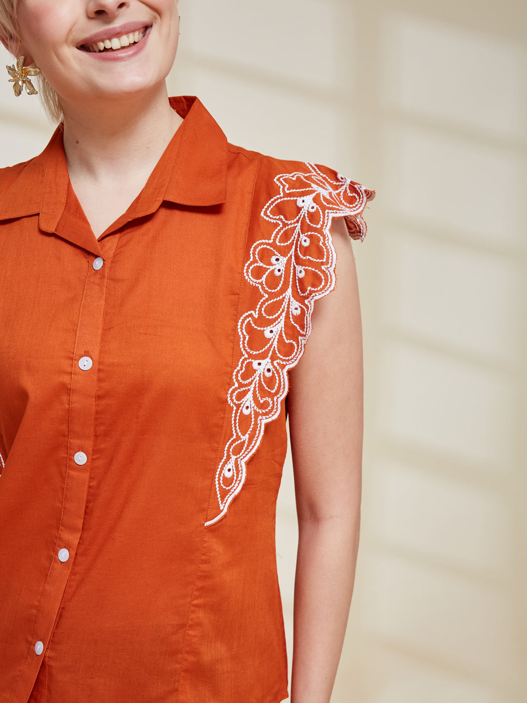 Orange Cotton Embroidered Regular Fit Shirt for Women