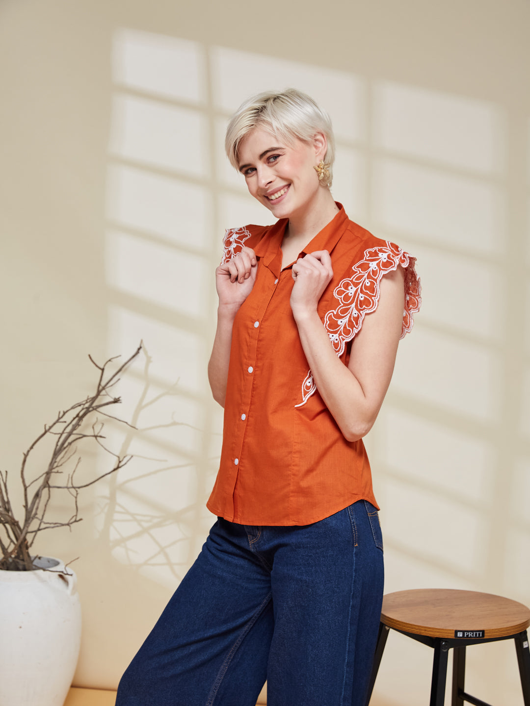 Orange Cotton Embroidered Regular Fit Shirt for Women | leftside view