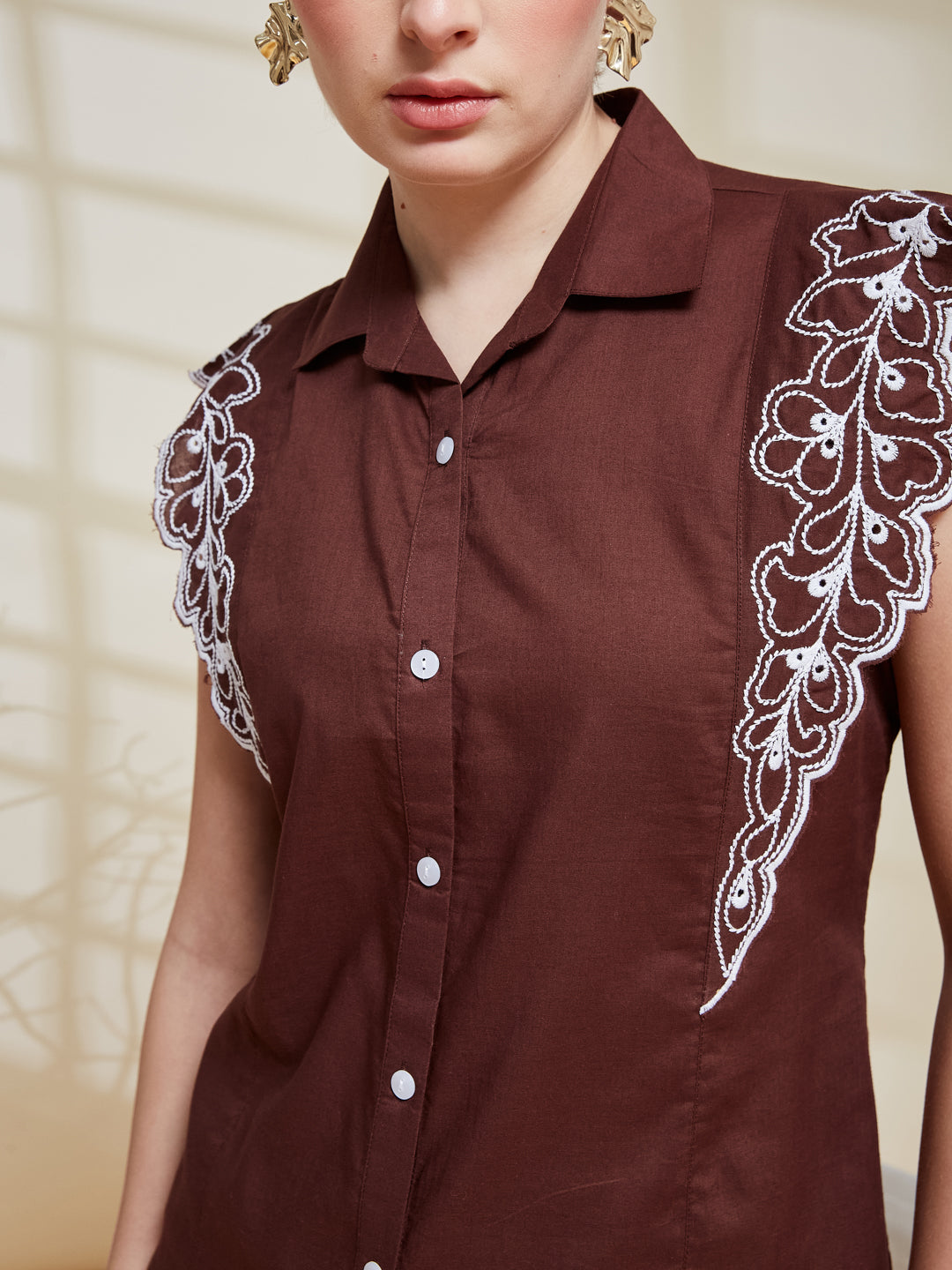 Coffee Cotton Embroidered Regular Fit Shirt for Women | front side design