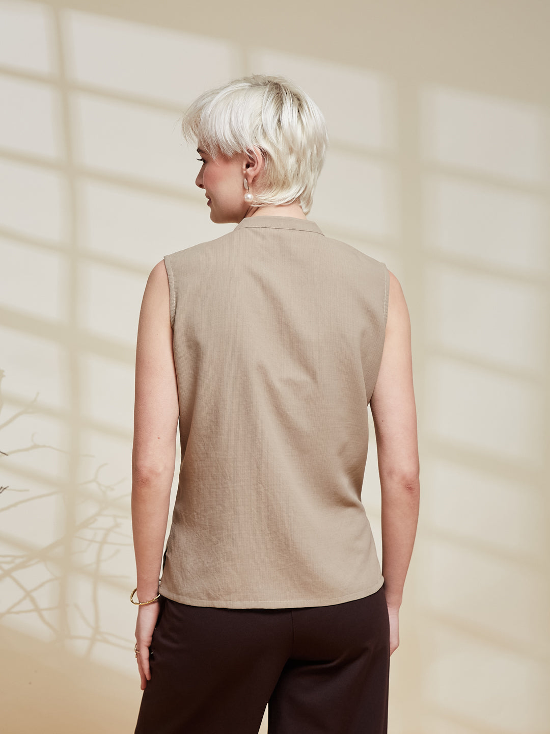 Beige Viscose Embroidered Regular Fit Shirt for Women | backside view