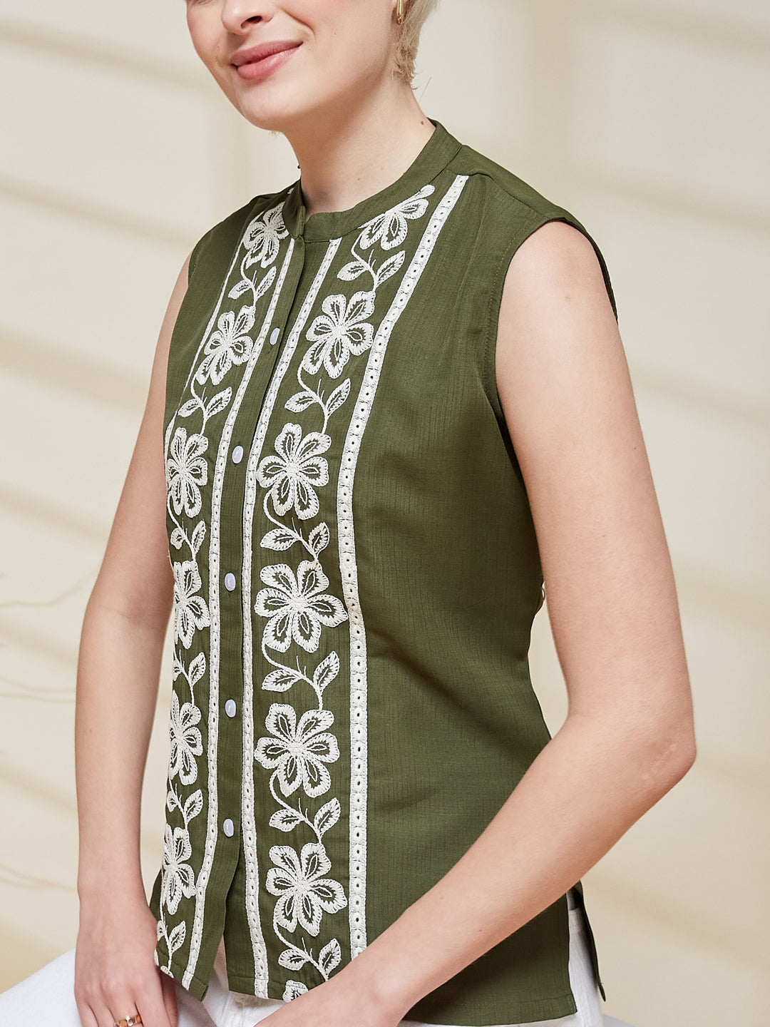 Olive Viscose Embroidered Regular Fit Shirt for Women | left side