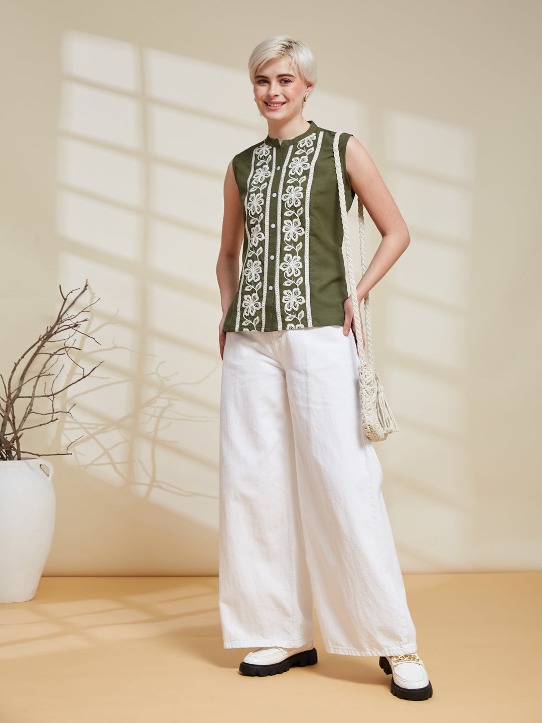 Olive Viscose Embroidered Regular Fit Shirt for Women |frontside full view