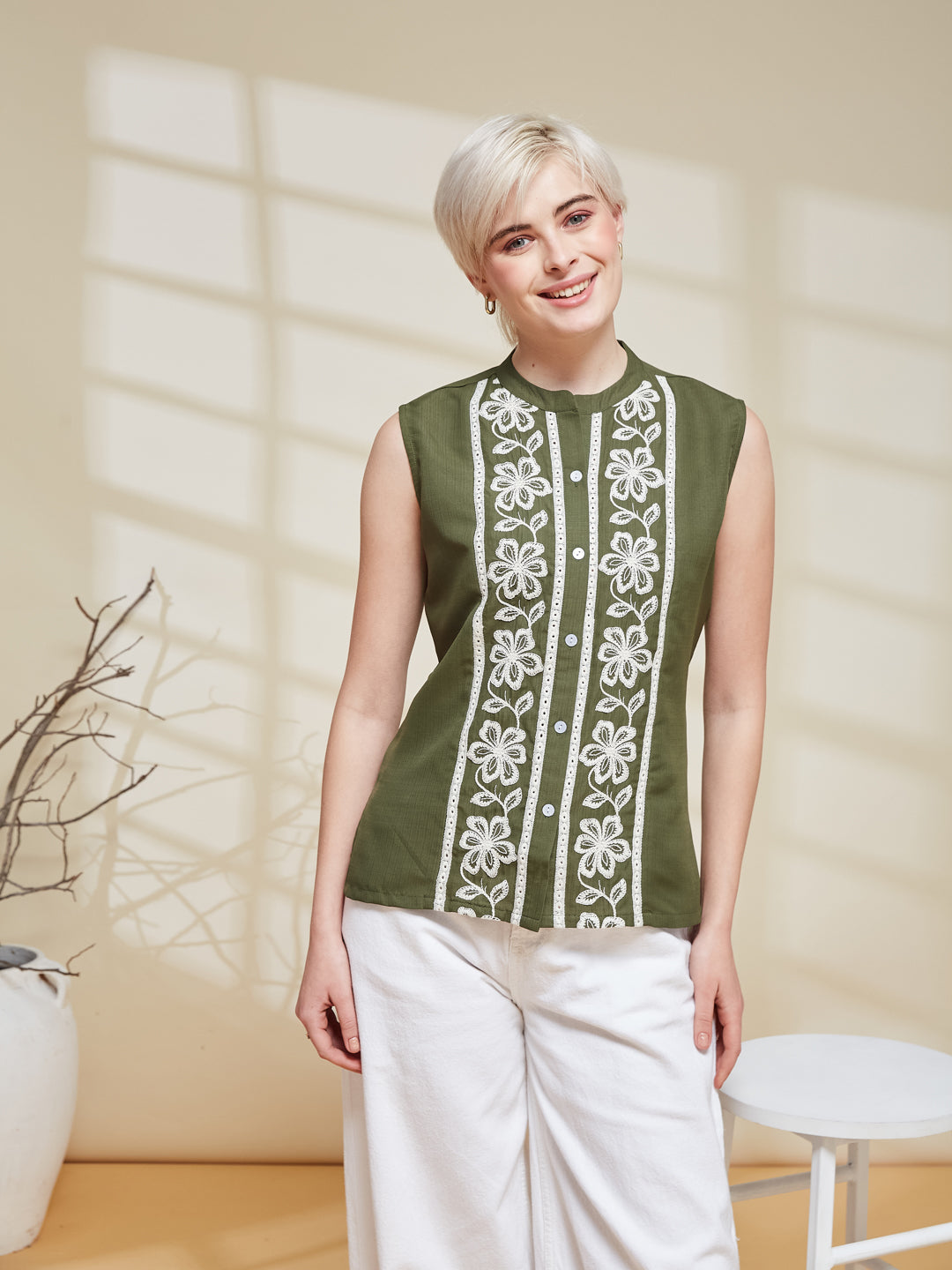 Olive Viscose Embroidered Regular Fit Shirt for Women | front side view