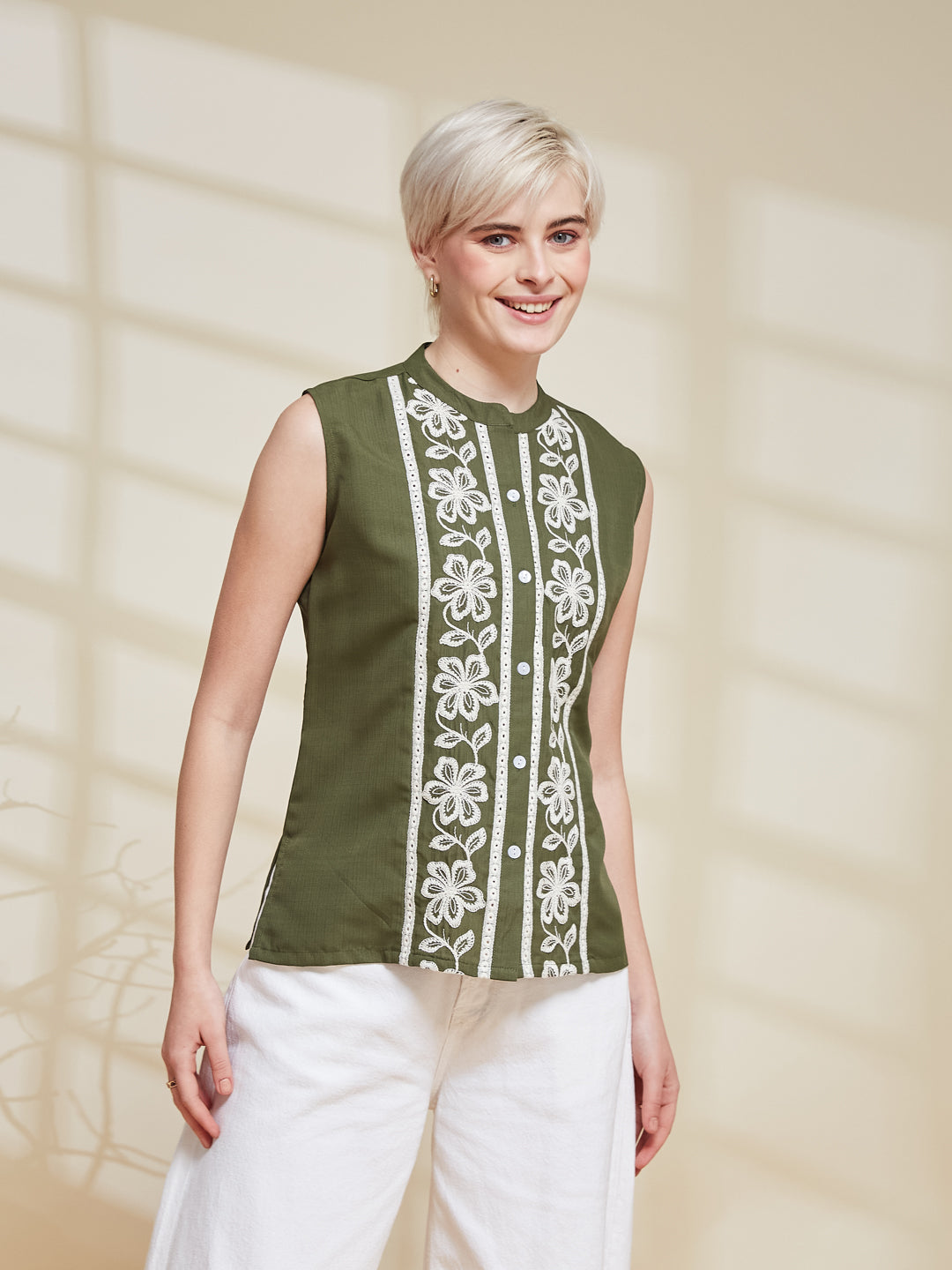 Olive Viscose Embroidered Regular Fit Shirt for Women |rightside view